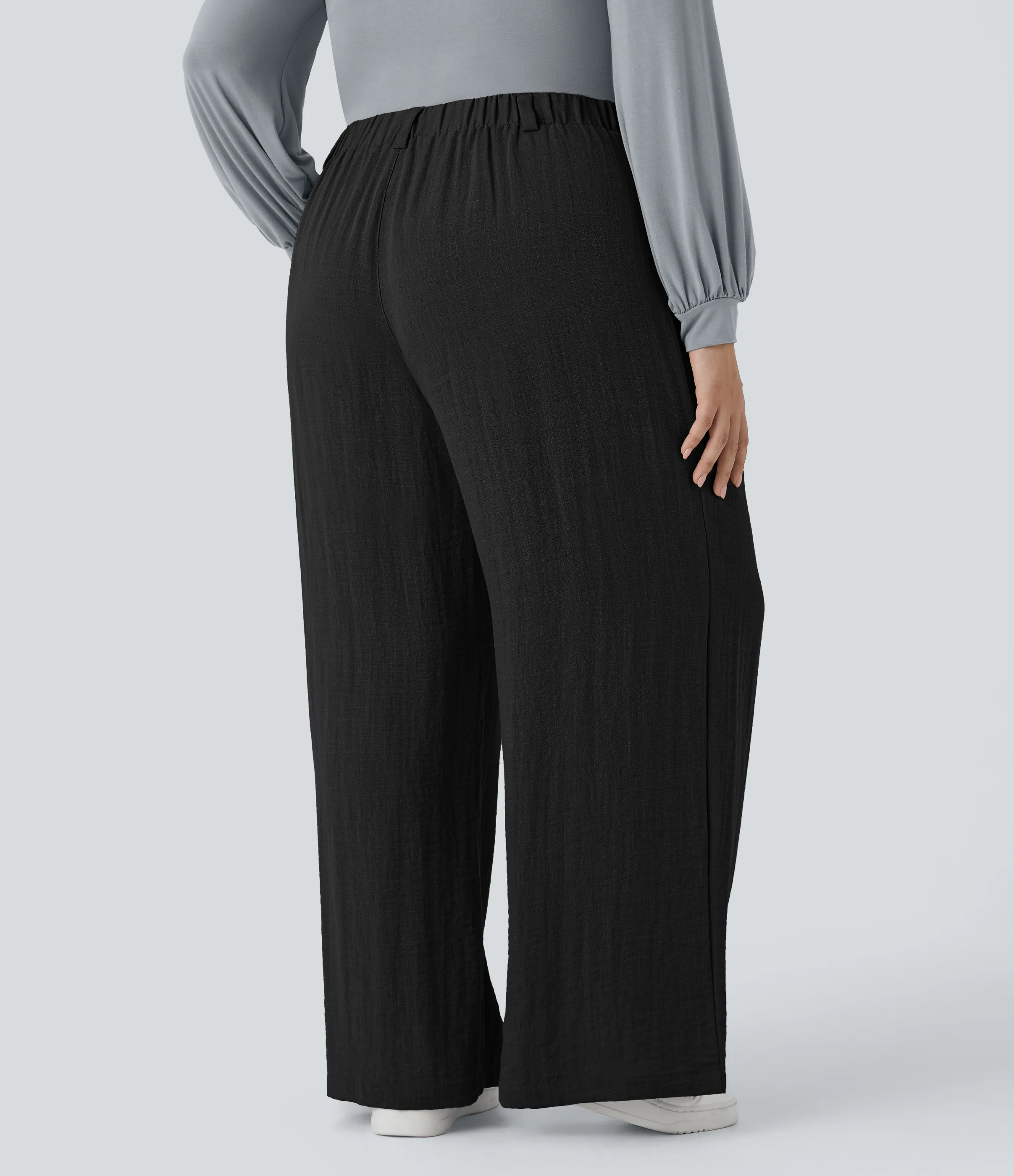Halara Pantalón tiro alto bolsillo lateral plisado pierna ancha fluido tacto lino talla grande - Black - 1X(regular) sold by Halara product image thumbnail 3