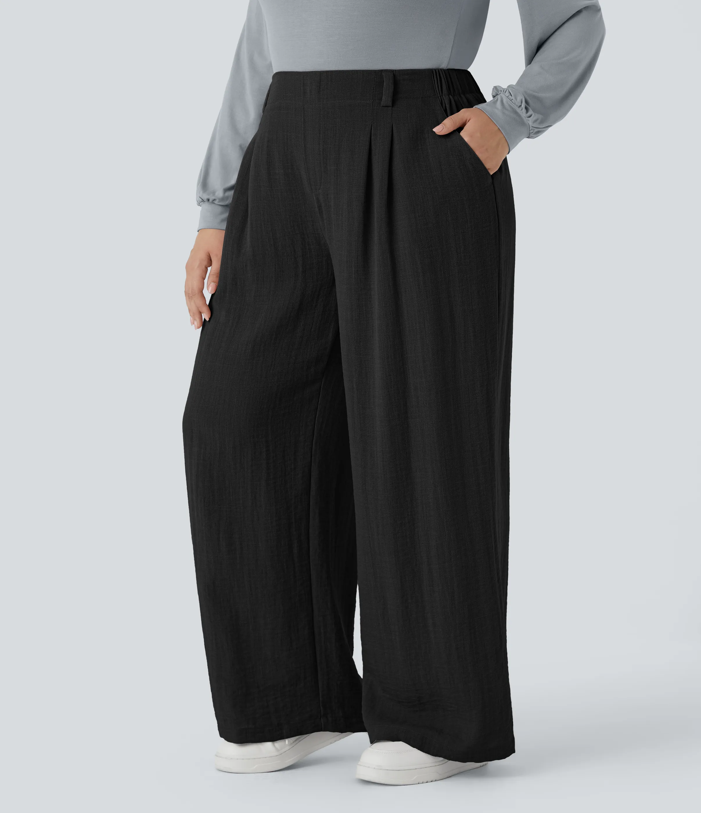 Halara Pantalón tiro alto bolsillo lateral plisado pierna ancha fluido tacto lino talla grande - Black - 1X(regular) sold by Halara product image thumbnail 4