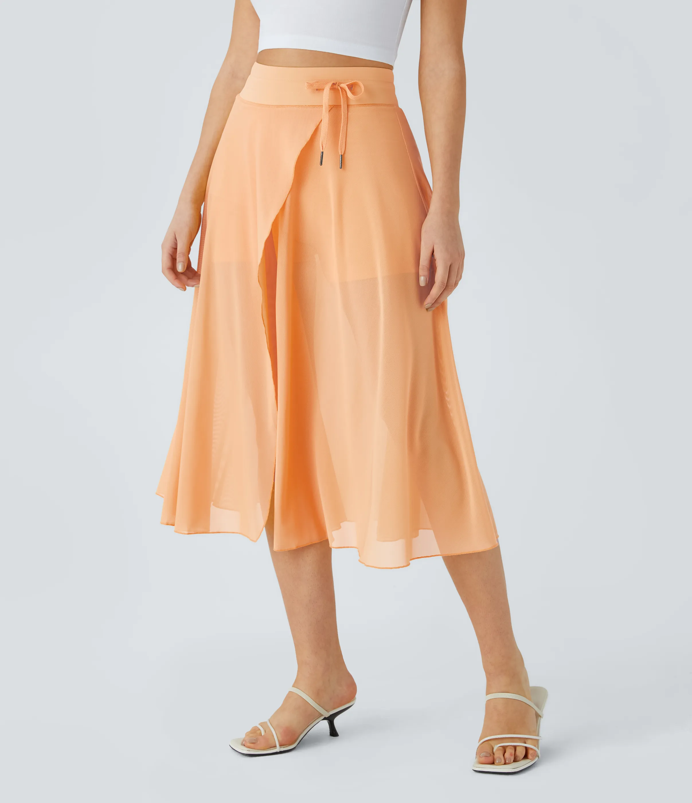Halara Falda midi casual 2 en 1 acampanada con bolsillo lateral de tiro alto con cordón y malla en contraste - Peach Cobbler - XL sold by Halara