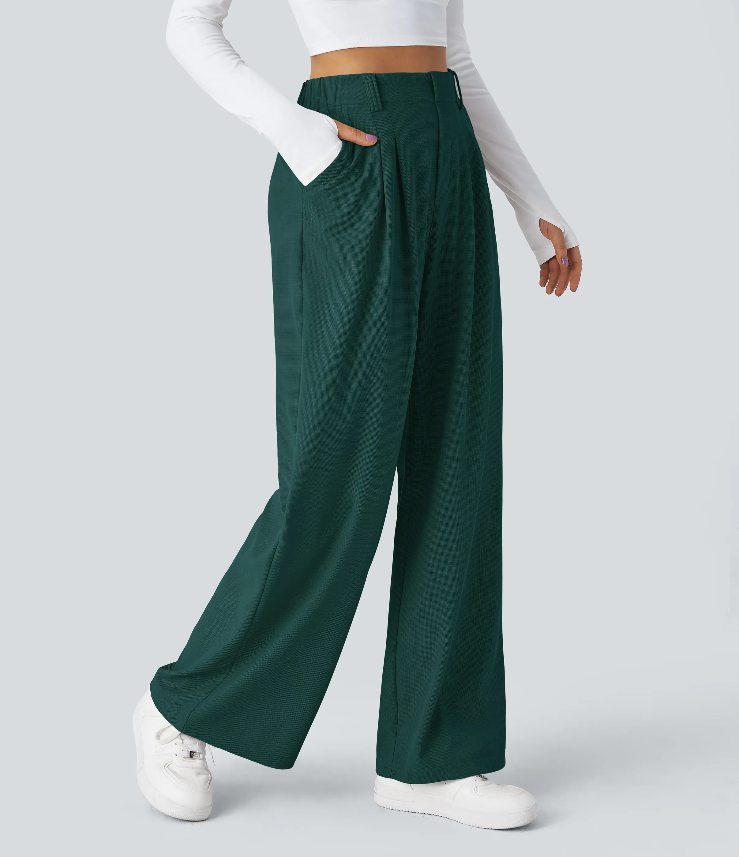 Halara Pantalones Halara Flex™ de oficina anchos plisados de tiro alto con bolsillos en tela tipo gofre - Forest Biome - XS(expetite) sold by Halara