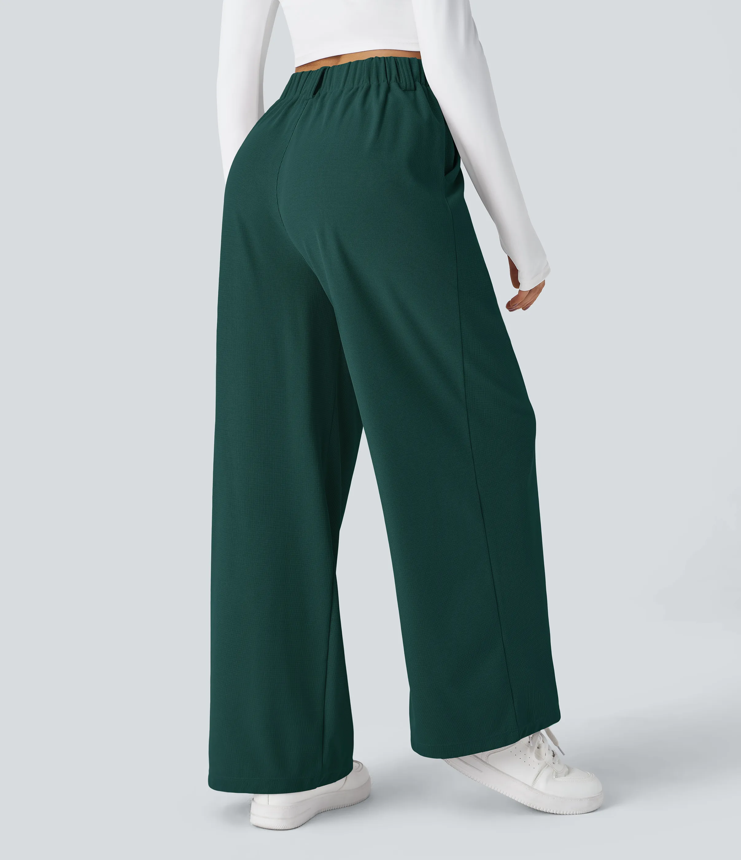 Halara Pantalones Halara Flex™ de oficina anchos plisados de tiro alto con bolsillos en tela tipo gofre - Forest Biome - XS(expetite) sold by Halara product image thumbnail 3