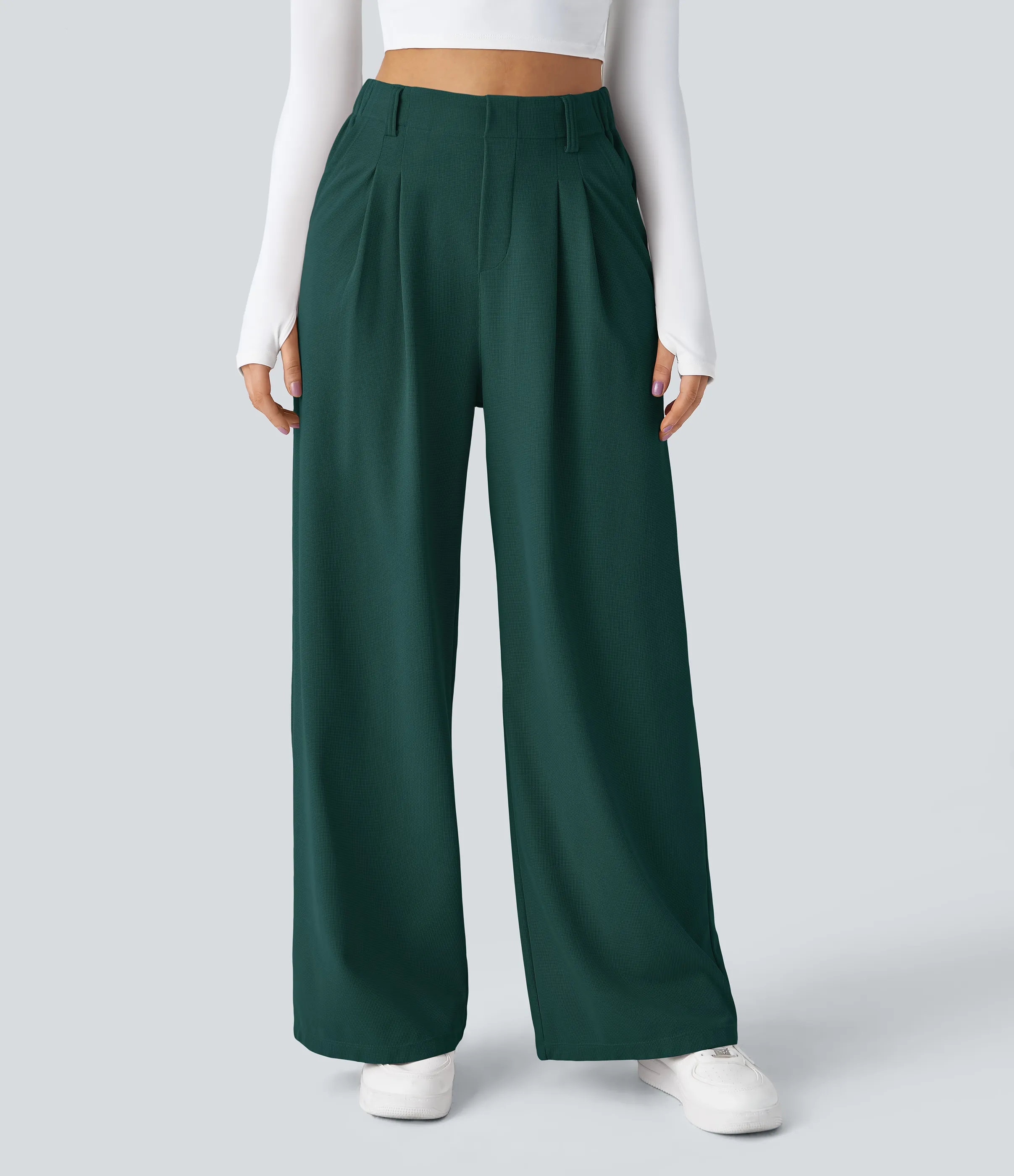 Halara Pantalones Halara Flex™ de oficina anchos plisados de tiro alto con bolsillos en tela tipo gofre - Forest Biome - XS(expetite) sold by Halara product image thumbnail 4