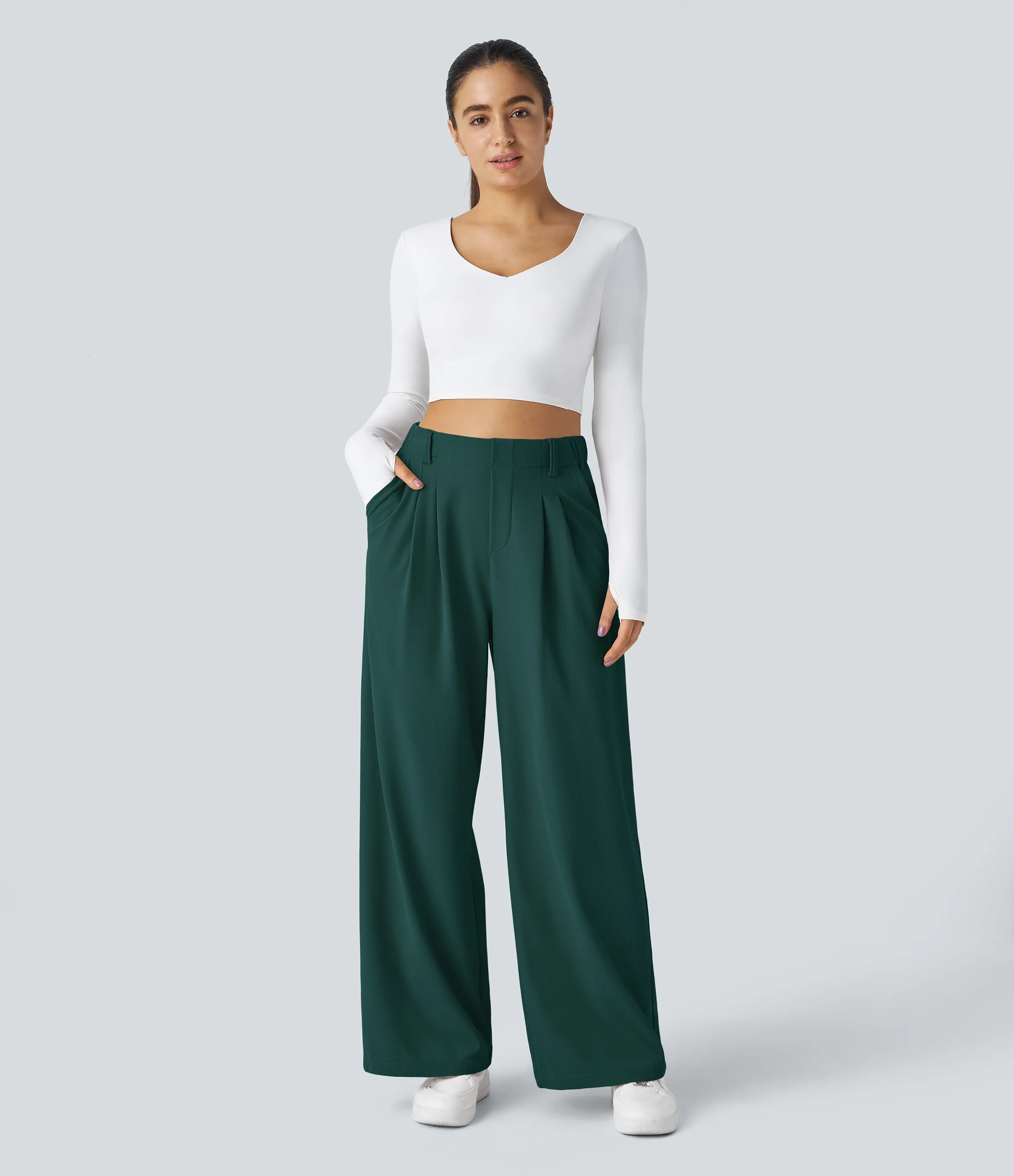 Halara Pantalones Halara Flex™ de oficina anchos plisados de tiro alto con bolsillos en tela tipo gofre - Forest Biome - XS(expetite) sold by Halara product image thumbnail 5