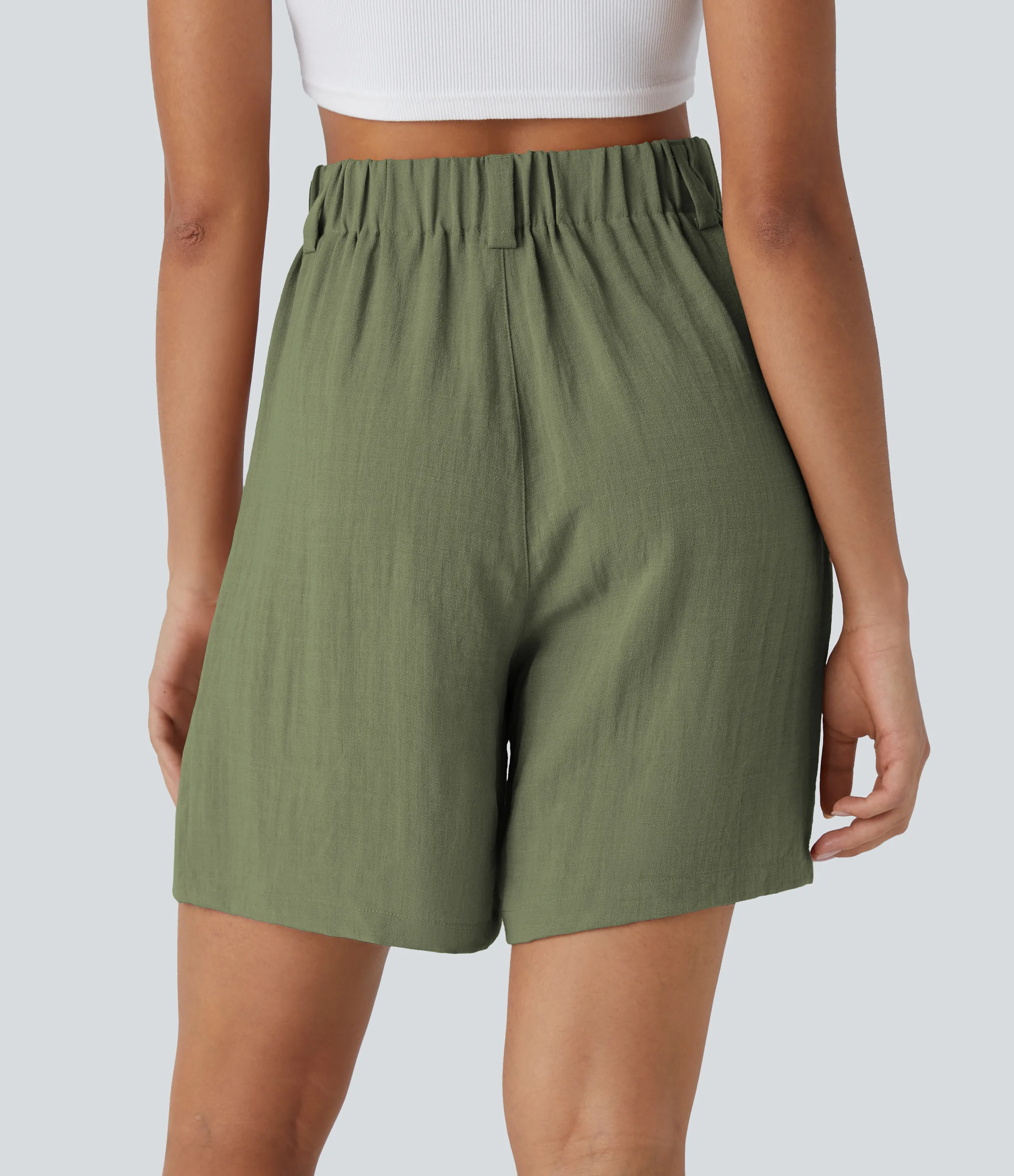 Halara Bermudas casuales anchas con tacto de lino de tiro alto, bolsillo lateral plisado - Catkin Green - XL sold by Halara product image thumbnail 3