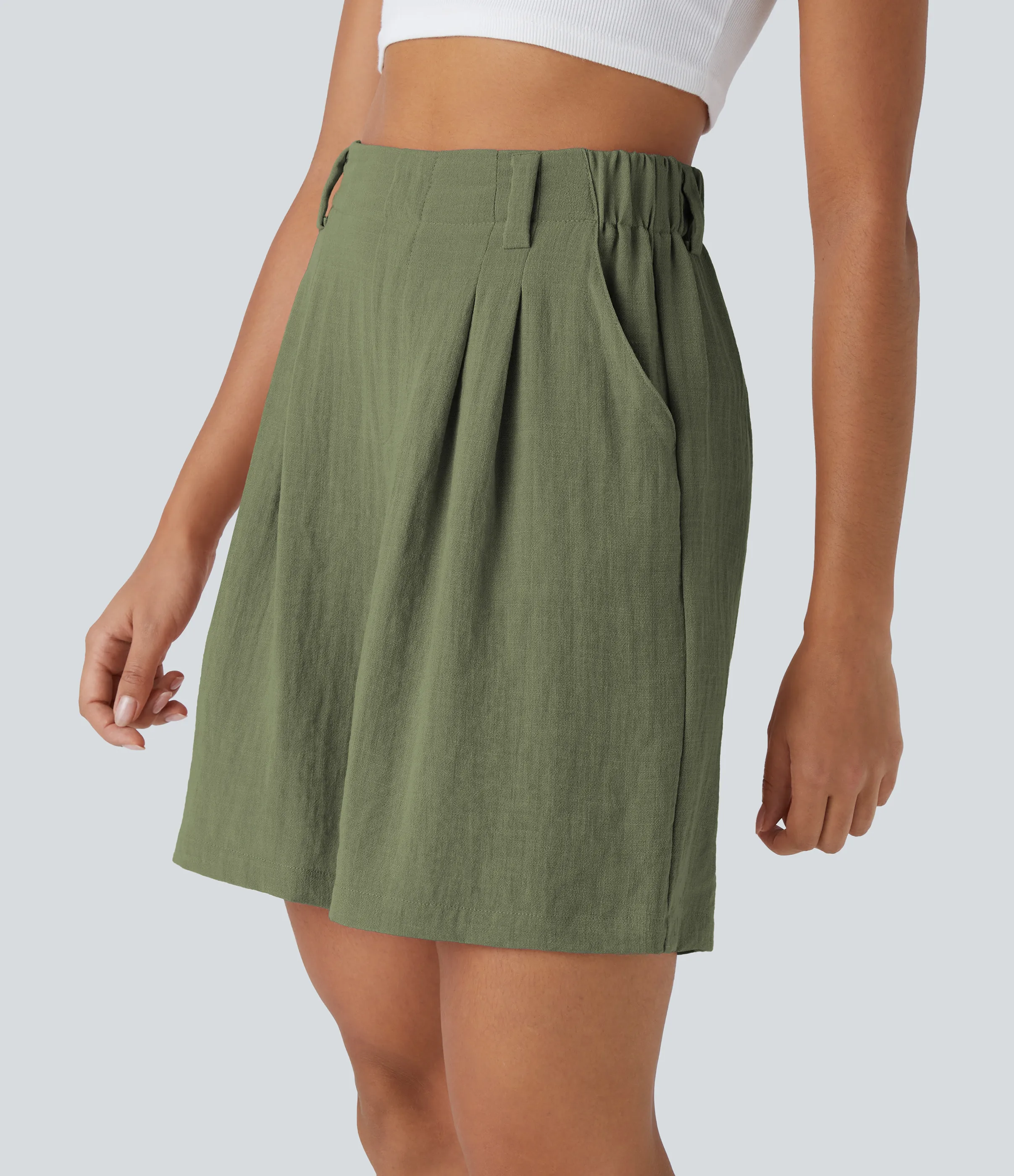 Halara Bermudas casuales anchas con tacto de lino de tiro alto, bolsillo lateral plisado - Catkin Green - XL sold by Halara product image thumbnail 4