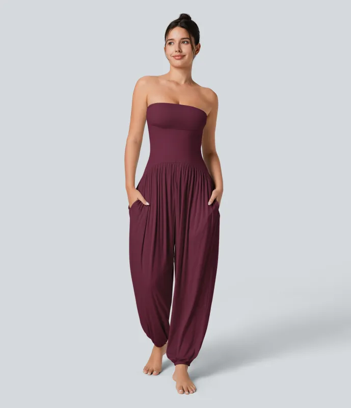 Halara Mono bolsillo lateral plisado sin espalda tubo acanalado - Maroon Banner - XL(regular) sold by Halara