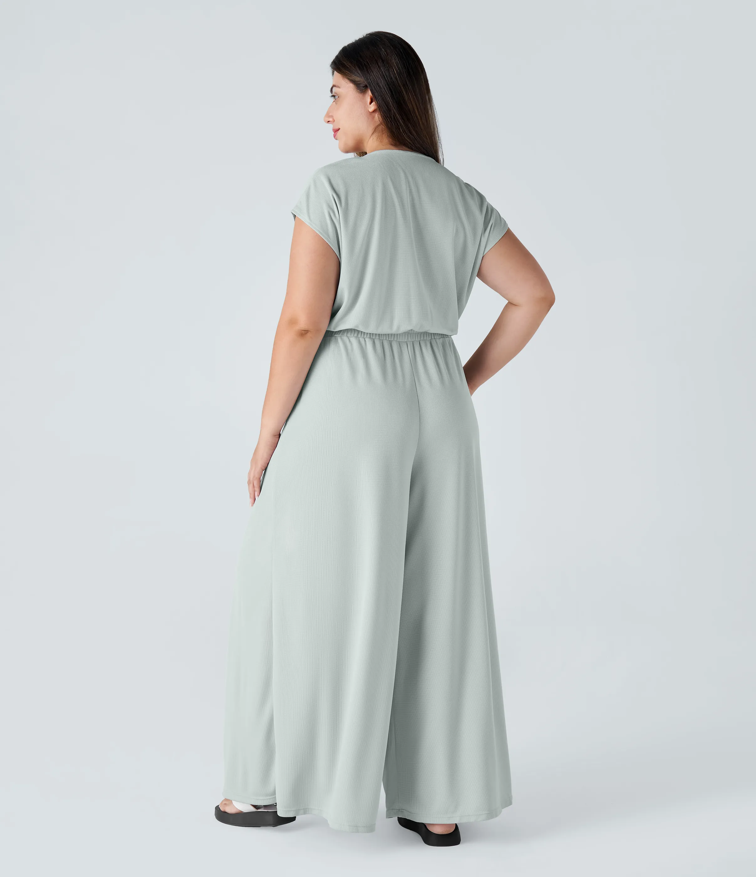 Halara Mono talla grande cuello V manga corta bolsillo lateral plisado pierna ancha gofre fluido - Frost Clear Haze - 3X sold by Halara product image thumbnail 3