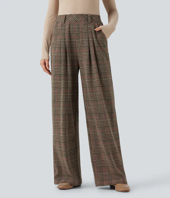 Halara Pantalón tiro alto bolsillo lateral pierna ancha estampado pata gallo - Desert Houndstooth Pattern - XS(regular) made by Halara