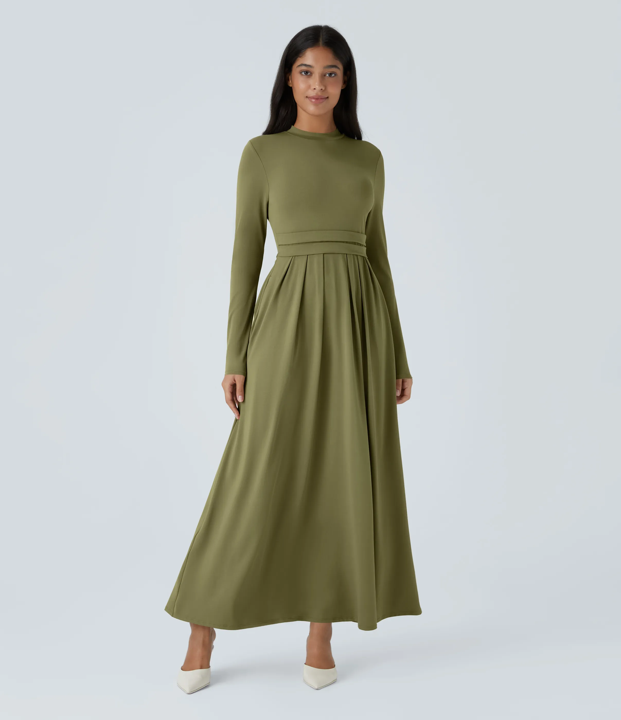 Halara Vestido largo cuello alto manga larga bolsillo lateral plisado acampanado - Capulet Olive - XS sold by Halara product image thumbnail 2