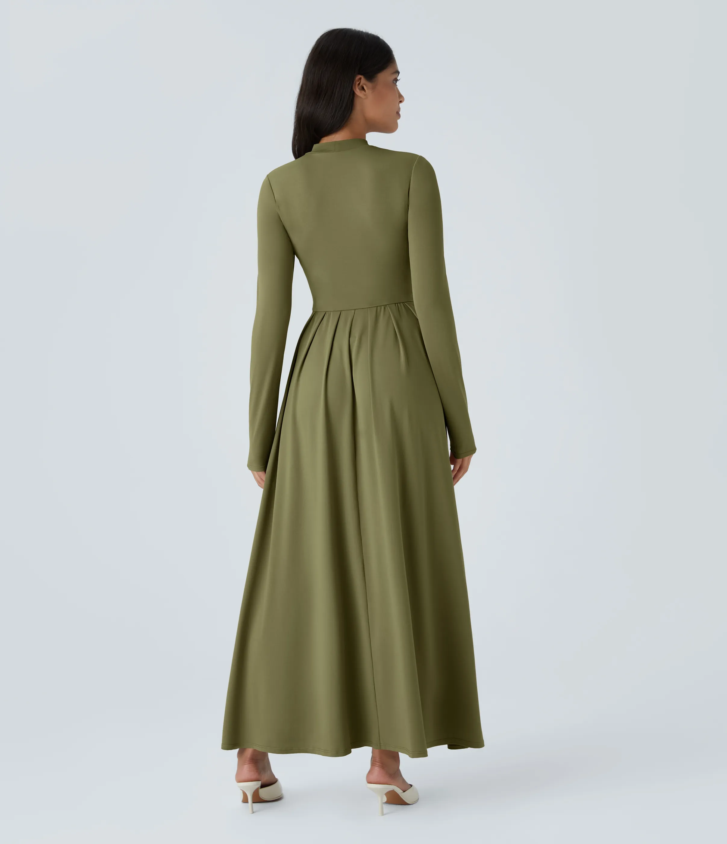 Halara Vestido largo cuello alto manga larga bolsillo lateral plisado acampanado - Capulet Olive - XS sold by Halara product image thumbnail 3