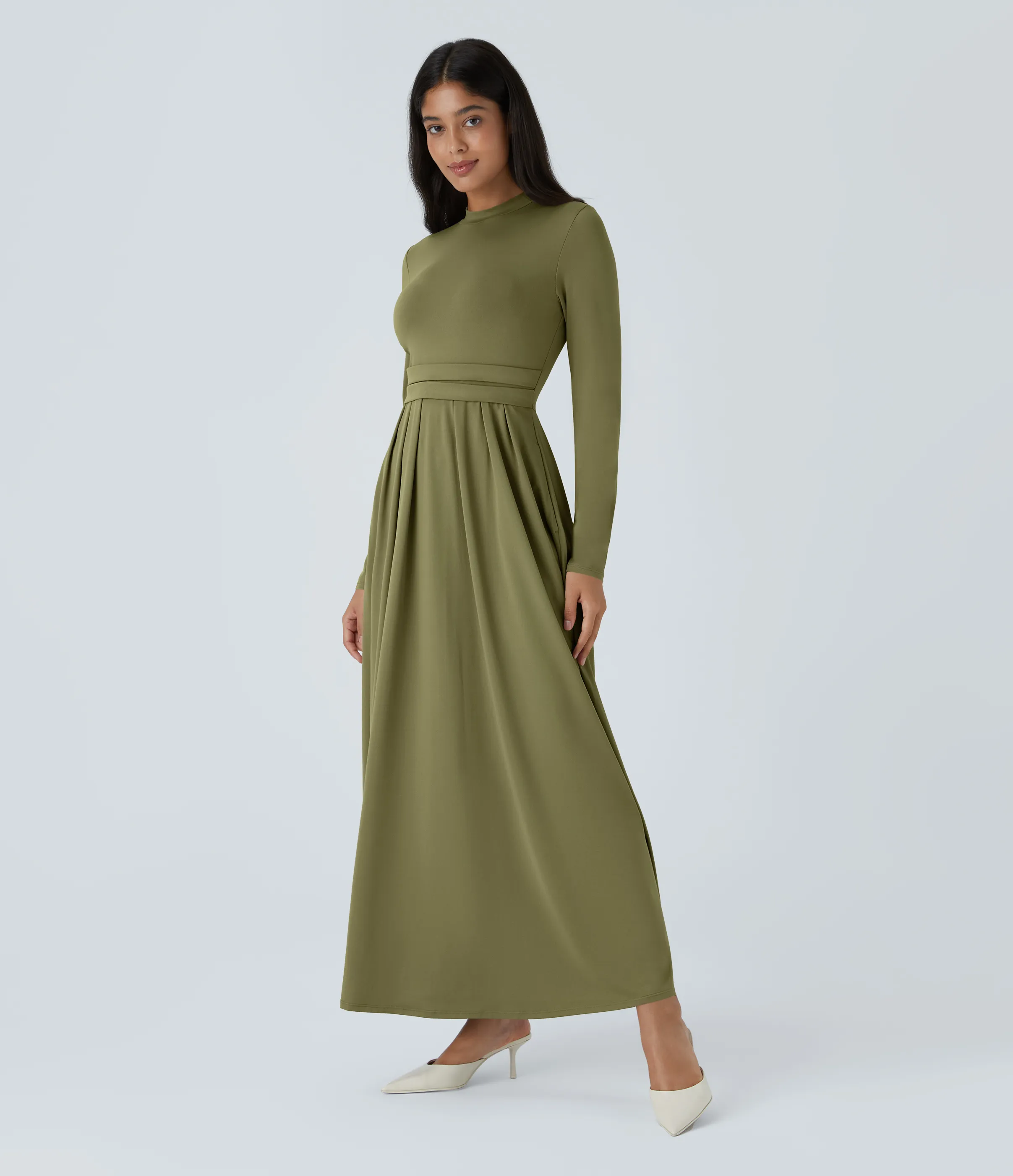 Halara Vestido largo cuello alto manga larga bolsillo lateral plisado acampanado - Capulet Olive - XS sold by Halara product image thumbnail 4