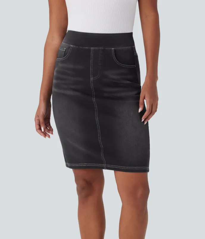 Halara Falda Halara Flex™ Denim mezclilla elástico lavada dividida múltiple bolsillo tiro alto - Carbon Paint Denim - M(regular) sold by Halara