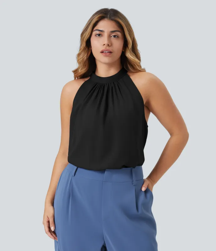 Halara Blusa oficina cuello halter sin mangas dobladillo curvo abertura espalda talla grande - Black - 3X sold by Halara