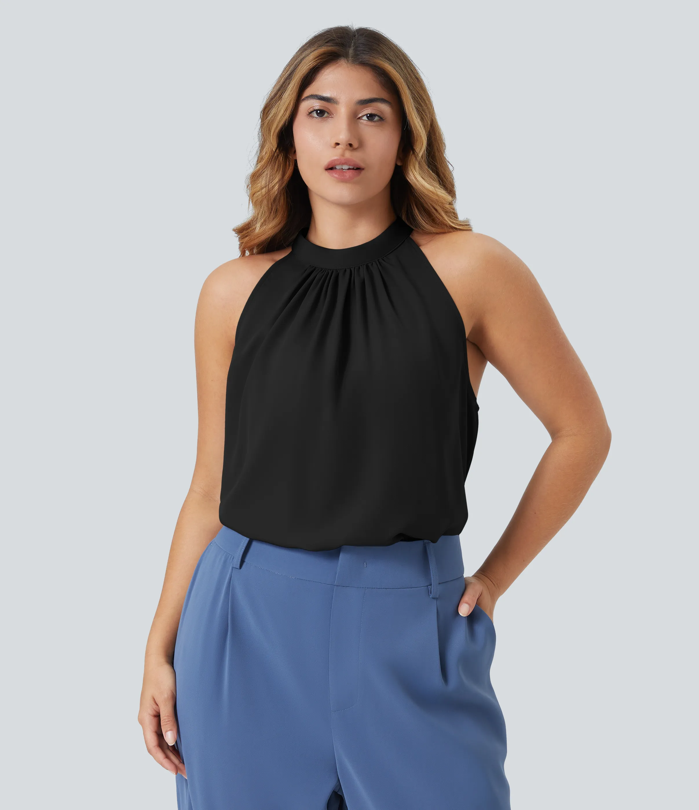 Halara Blusa oficina cuello halter sin mangas dobladillo curvo abertura espalda talla grande - Black - 3X sold by Halara