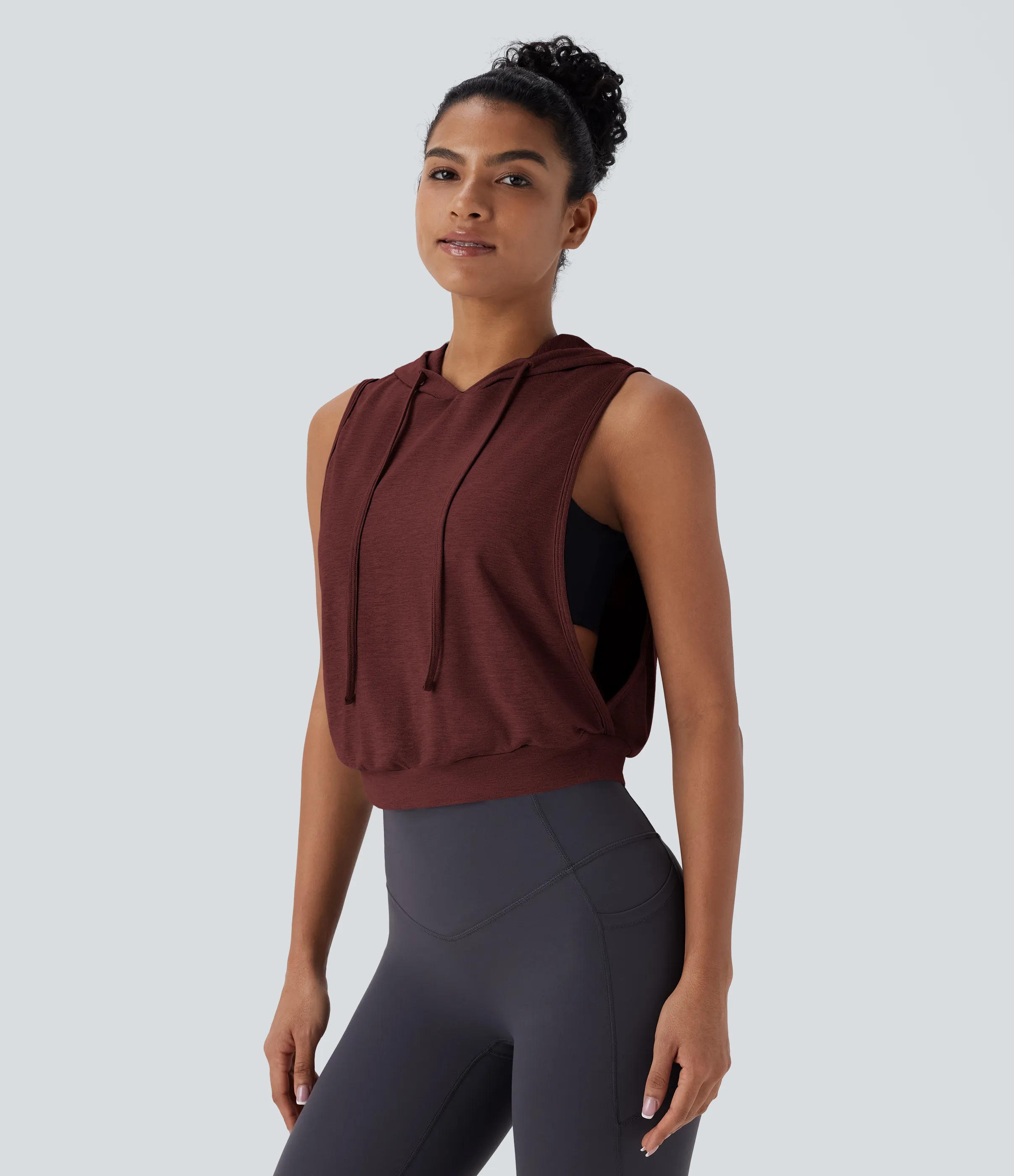 Halara Camiseta sin mangas corta correr capucha cordón ajustable - Mottled Sandalwood Red - M sold by Halara product image thumbnail 4