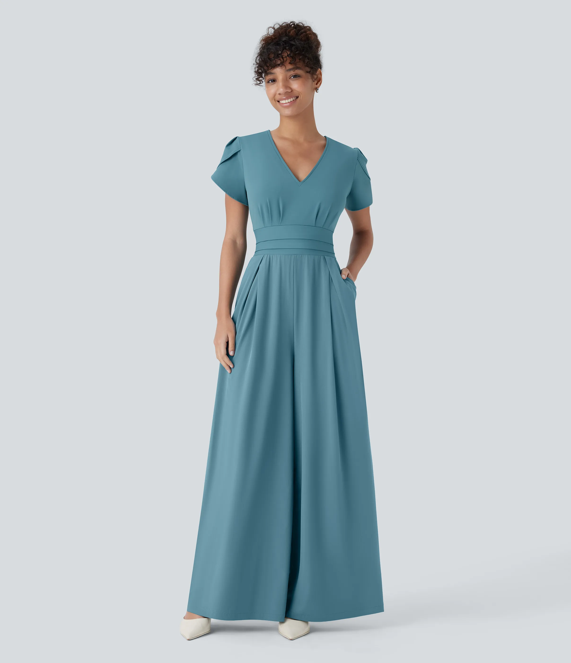 Halara Mono Breezeful™ oficina fluido secado rápido pierna ancha bolsillo lateral cremallera invisible mangas pétalo cuello V - Stone Blue - XL(regular) sold by Halara product image thumbnail 2