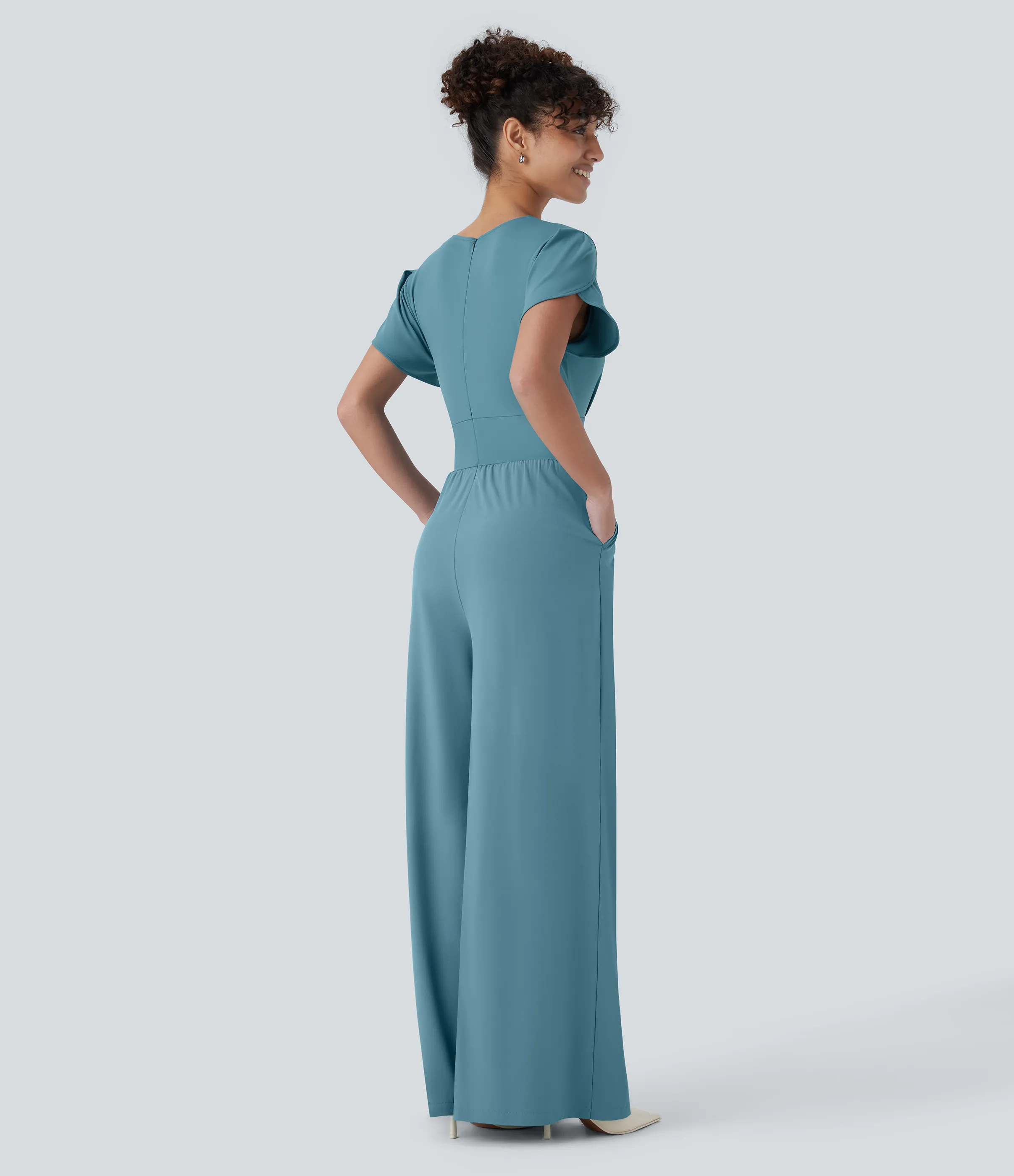 Halara Mono Breezeful™ oficina fluido secado rápido pierna ancha bolsillo lateral cremallera invisible mangas pétalo cuello V - Stone Blue - XL(regular) sold by Halara product image thumbnail 3