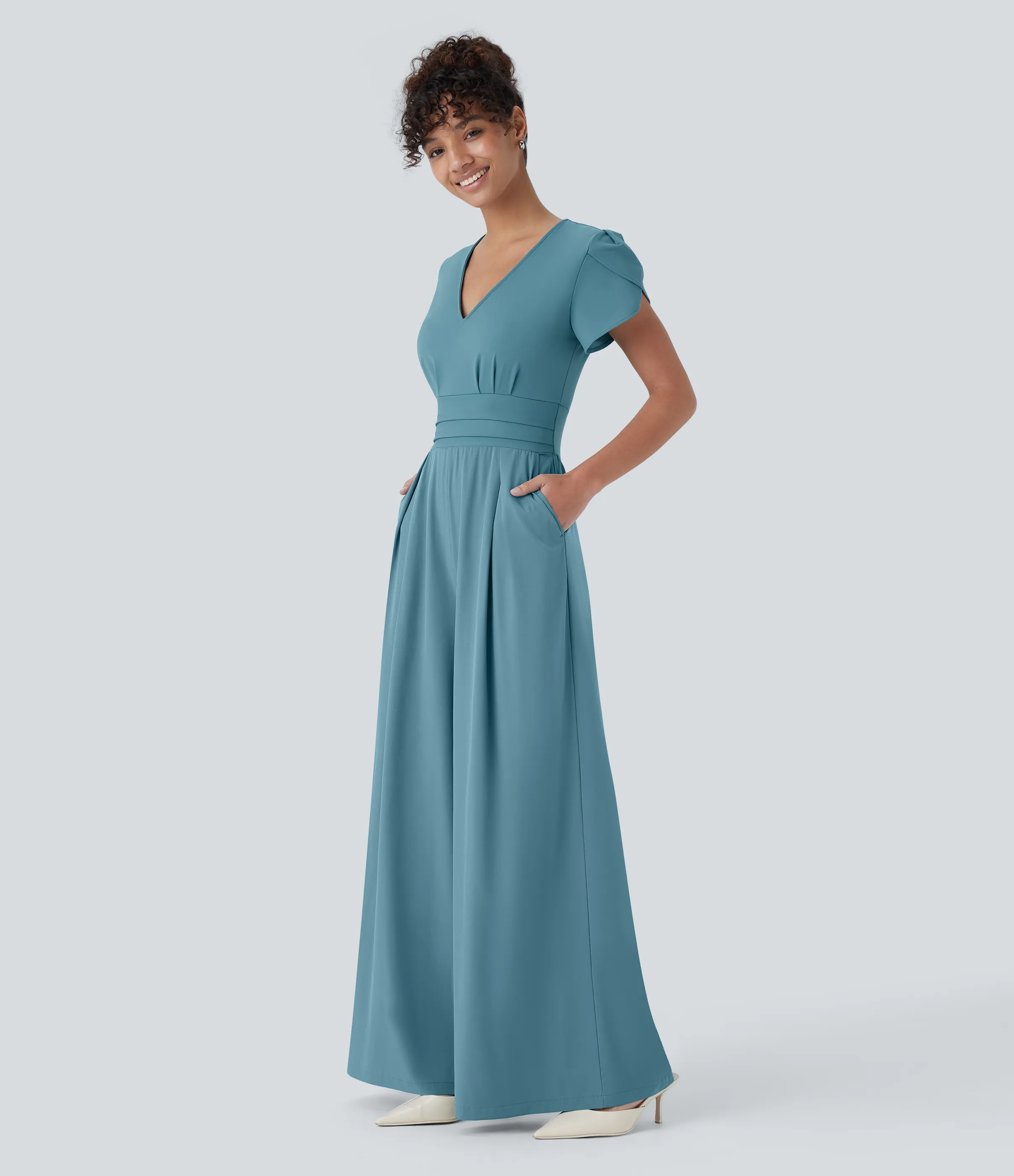 Halara Mono Breezeful™ oficina fluido secado rápido pierna ancha bolsillo lateral cremallera invisible mangas pétalo cuello V - Stone Blue - XL(regular) sold by Halara product image thumbnail 4