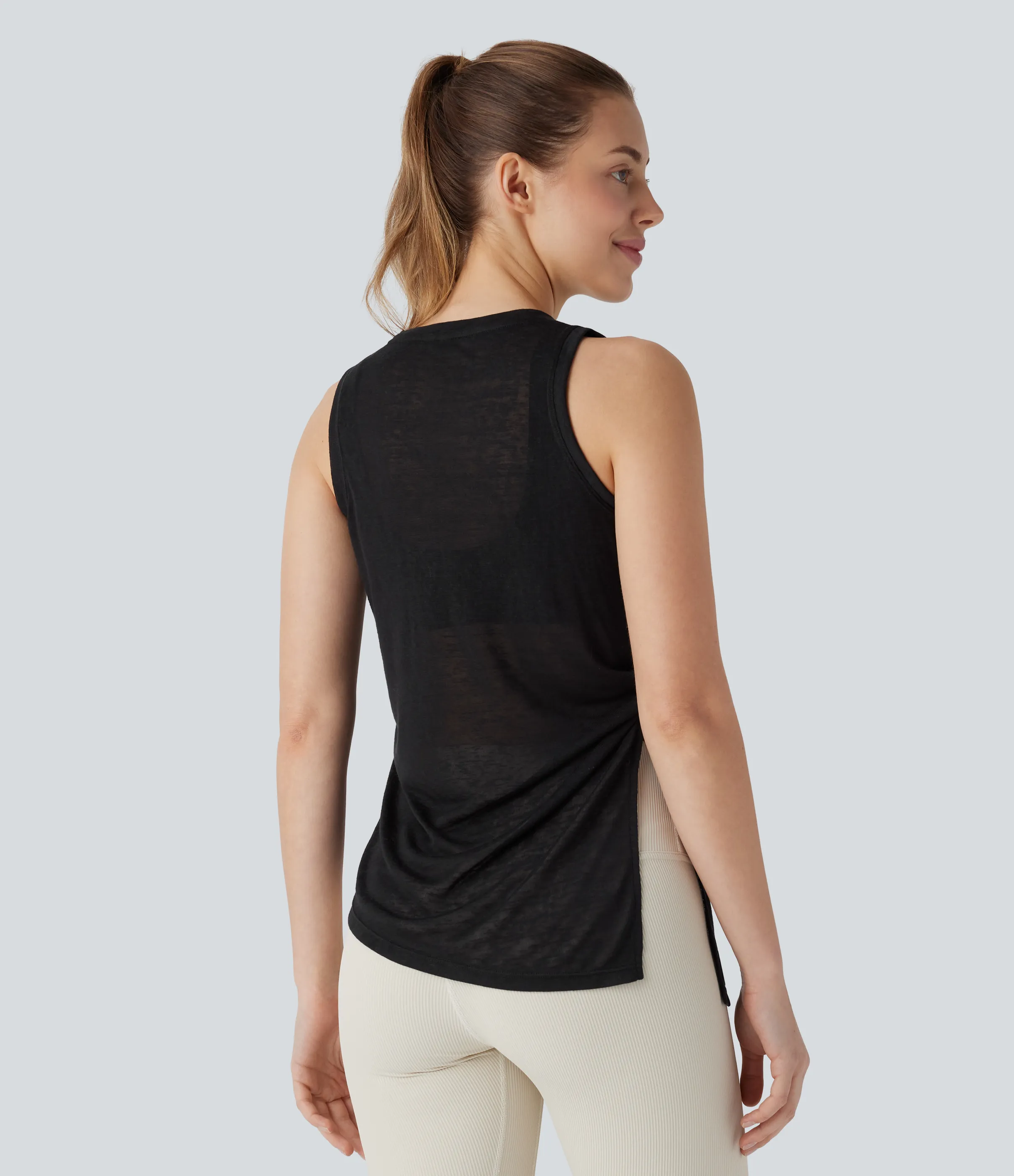 Halara Camiseta yoga sin mangas cuello redondo dobladillo dividido asimétrico lazo lateral - Black - XL sold by Halara product image thumbnail 3