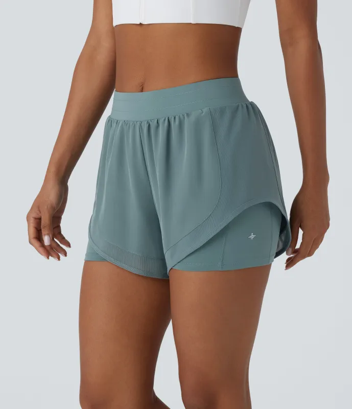 Halara Pantalón corto yoga 2 en 1 tiro medio bolsillo lateral malla contrastante dobladillo curvo 7.5 cm - Mineral Blue - XL made by Halara