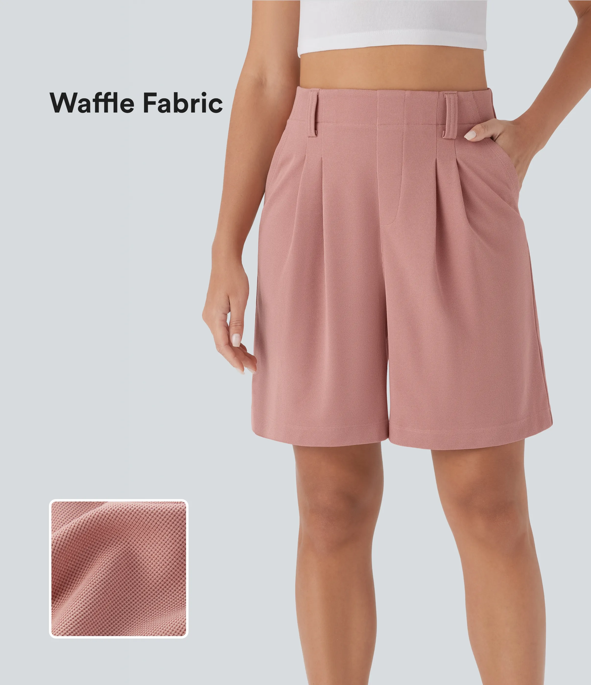 Halara Bermudas casuales en tela gofre de tiro alto con bolsillos laterales - Rose Tan - S sold by Halara product image thumbnail 2