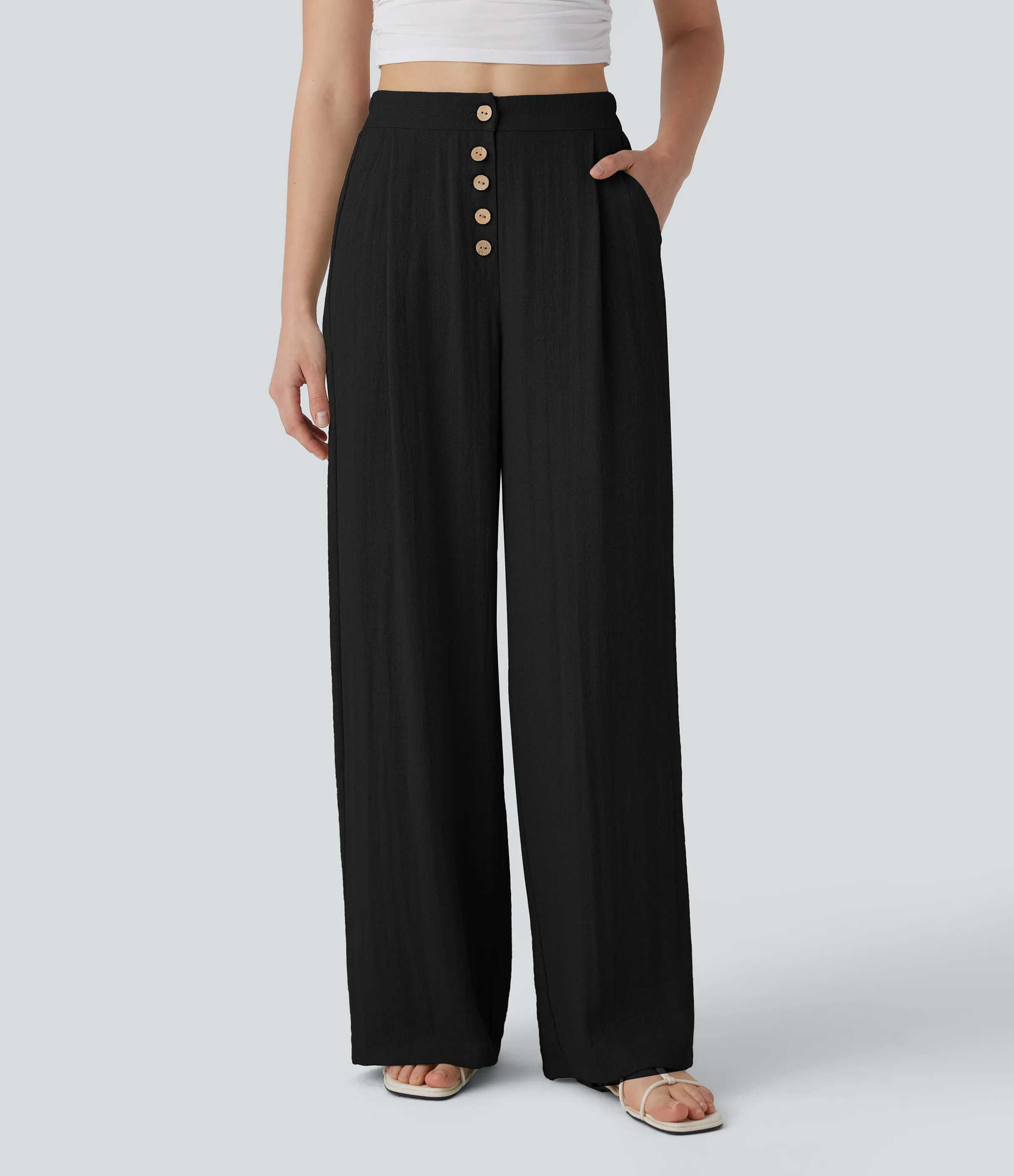 Halara Pantalones casuales anchos de lino de tiro alto con botones y bolsillos - Black - XS(regular) sold by Halara