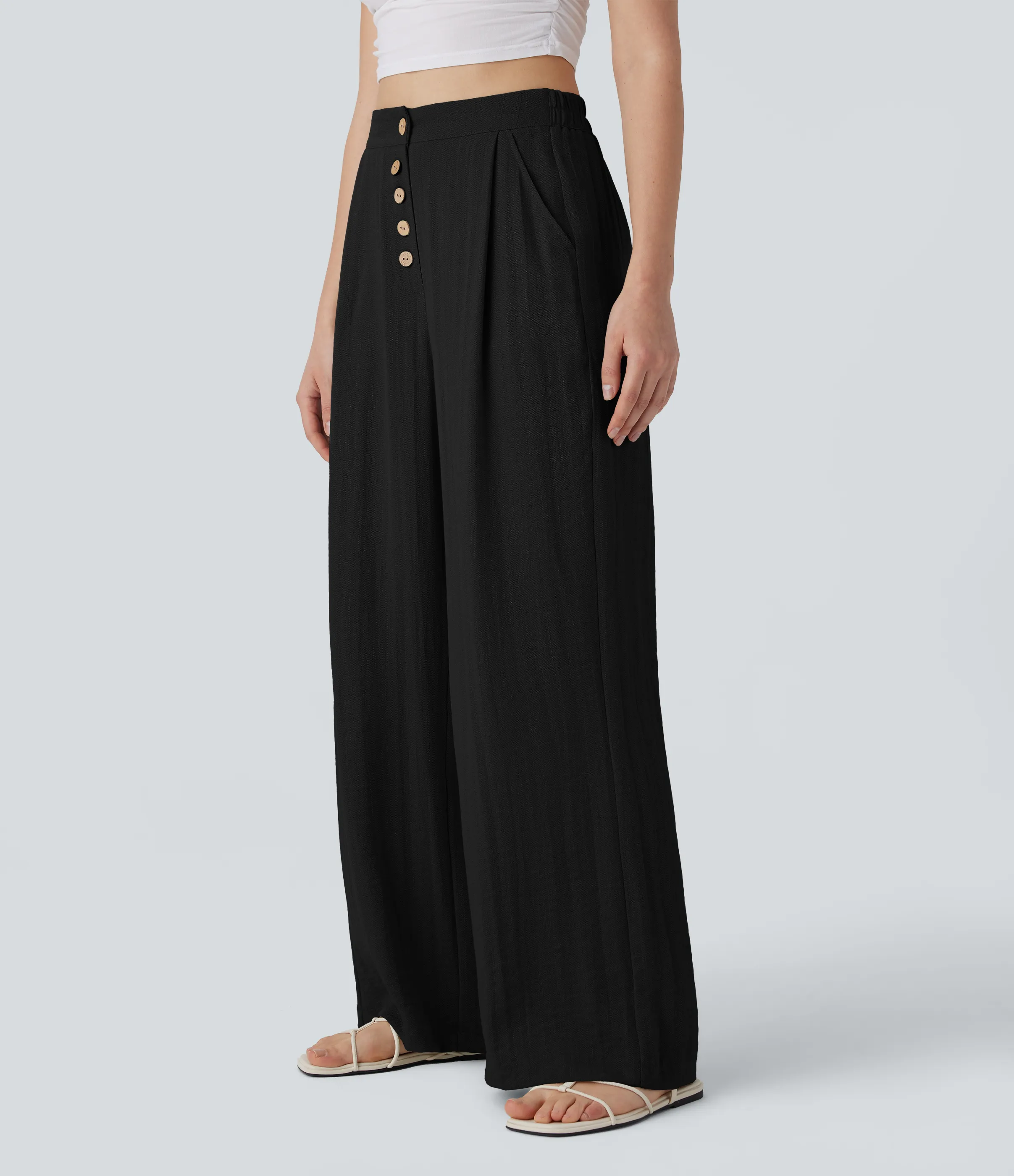 Halara Pantalones casuales anchos de lino de tiro alto con botones y bolsillos - Black - XS(regular) sold by Halara product image thumbnail 4