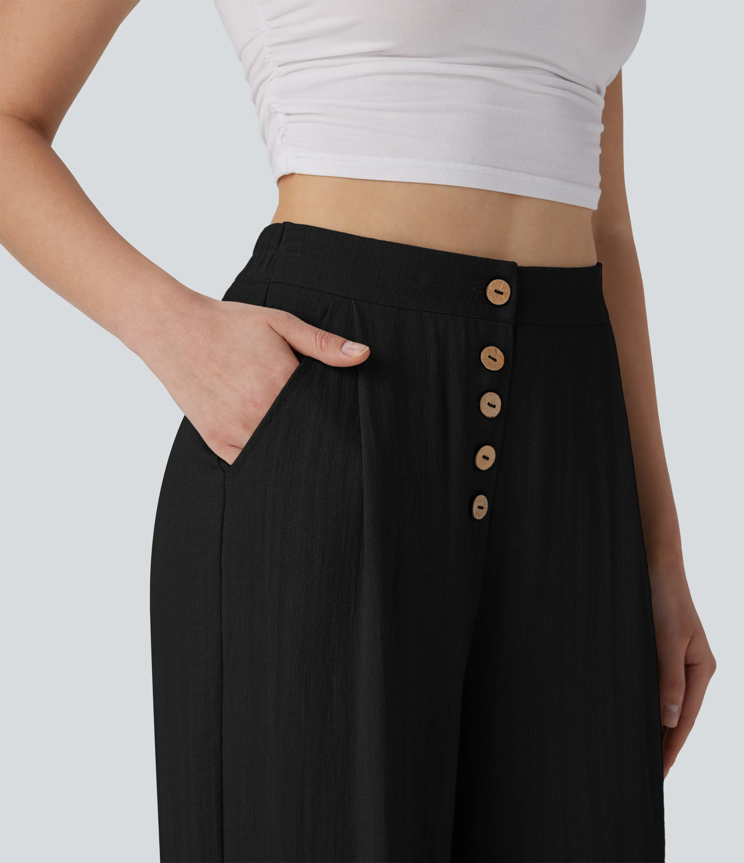 Halara Pantalones casuales anchos de lino de tiro alto con botones y bolsillos - Black - XS(regular) sold by Halara product image thumbnail 5