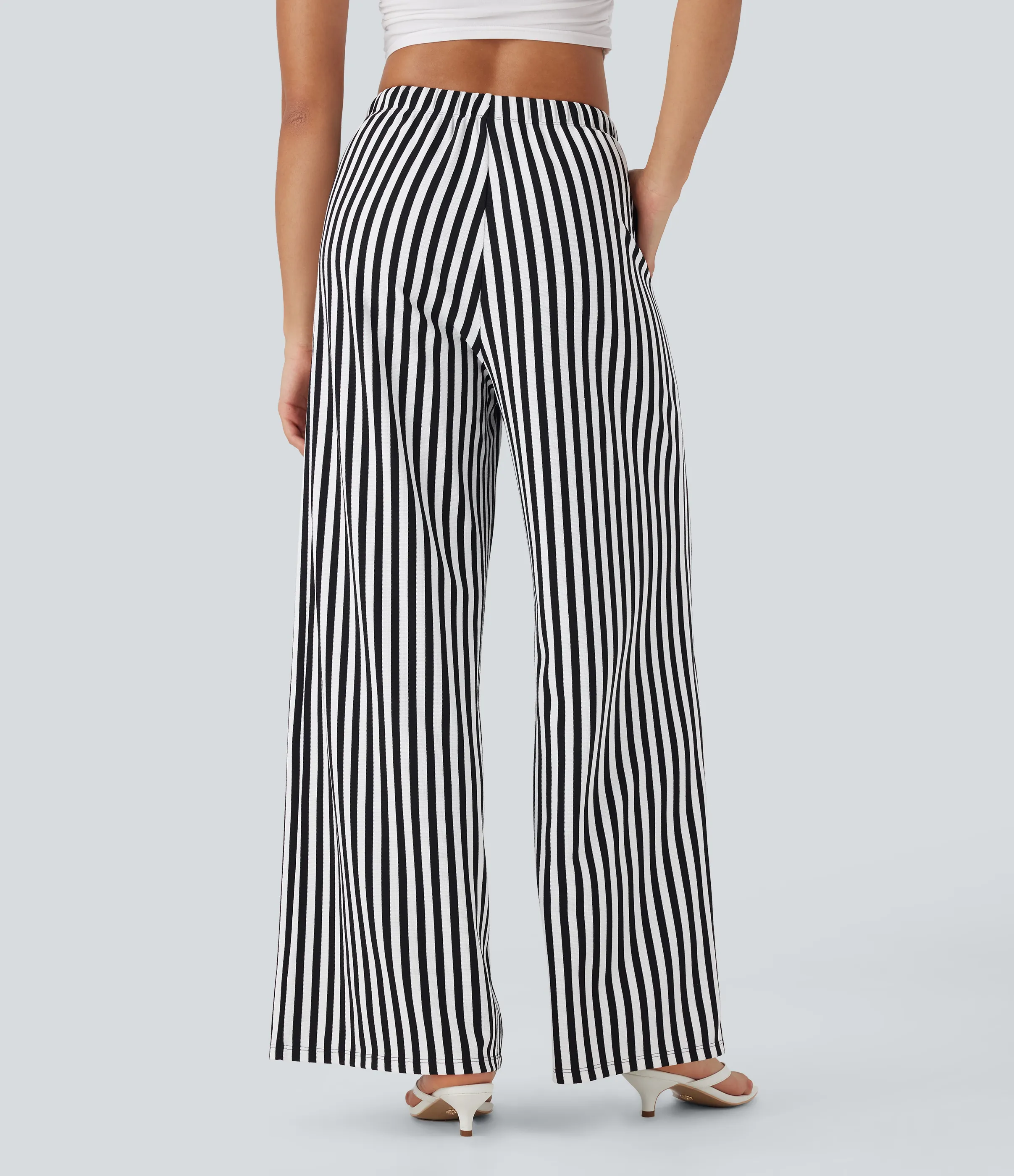 Halara Pantalón pierna ancha tiro alto cordón ajustable raya gofre bolsillo - Black White Horizontal Stripe - XS(petite) sold by Halara product image thumbnail 3