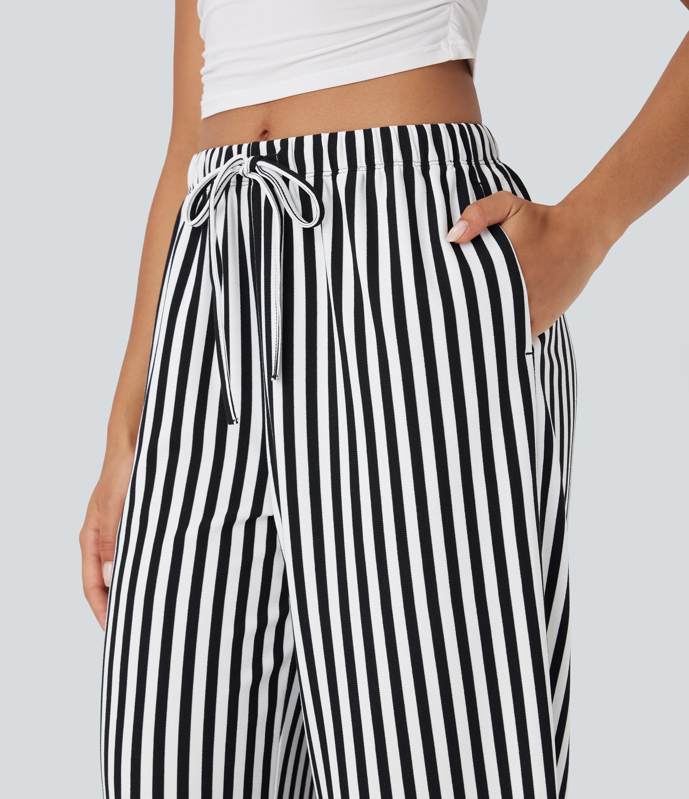 Halara Pantalón pierna ancha tiro alto cordón ajustable raya gofre bolsillo - Black White Horizontal Stripe - XS(petite) sold by Halara product image thumbnail 5