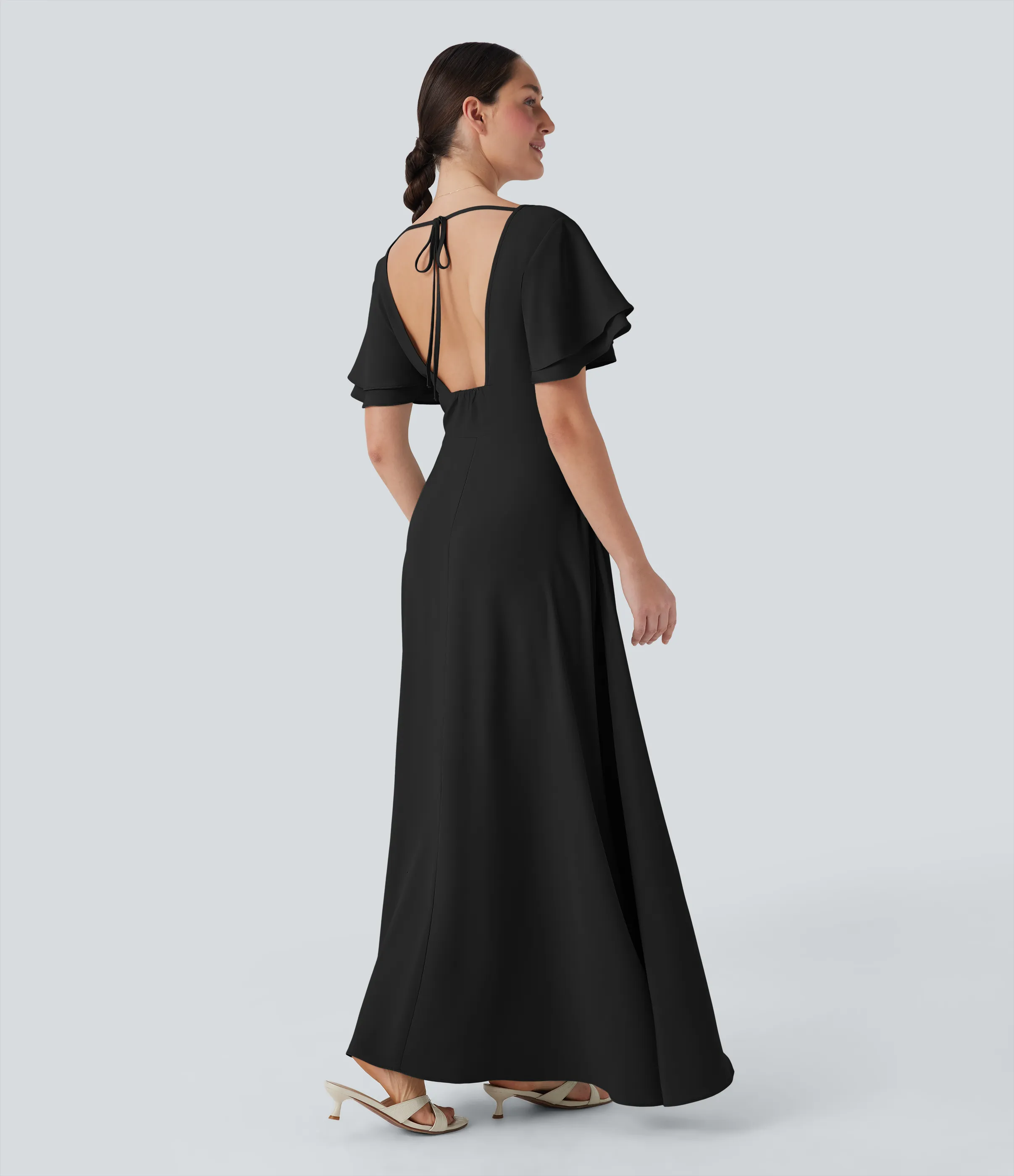 Halara Vestido maxi de dama de honor e invitada de boda con escote en V, manga corta con espalda abierta y abertura lateral - Black - S sold by Halara