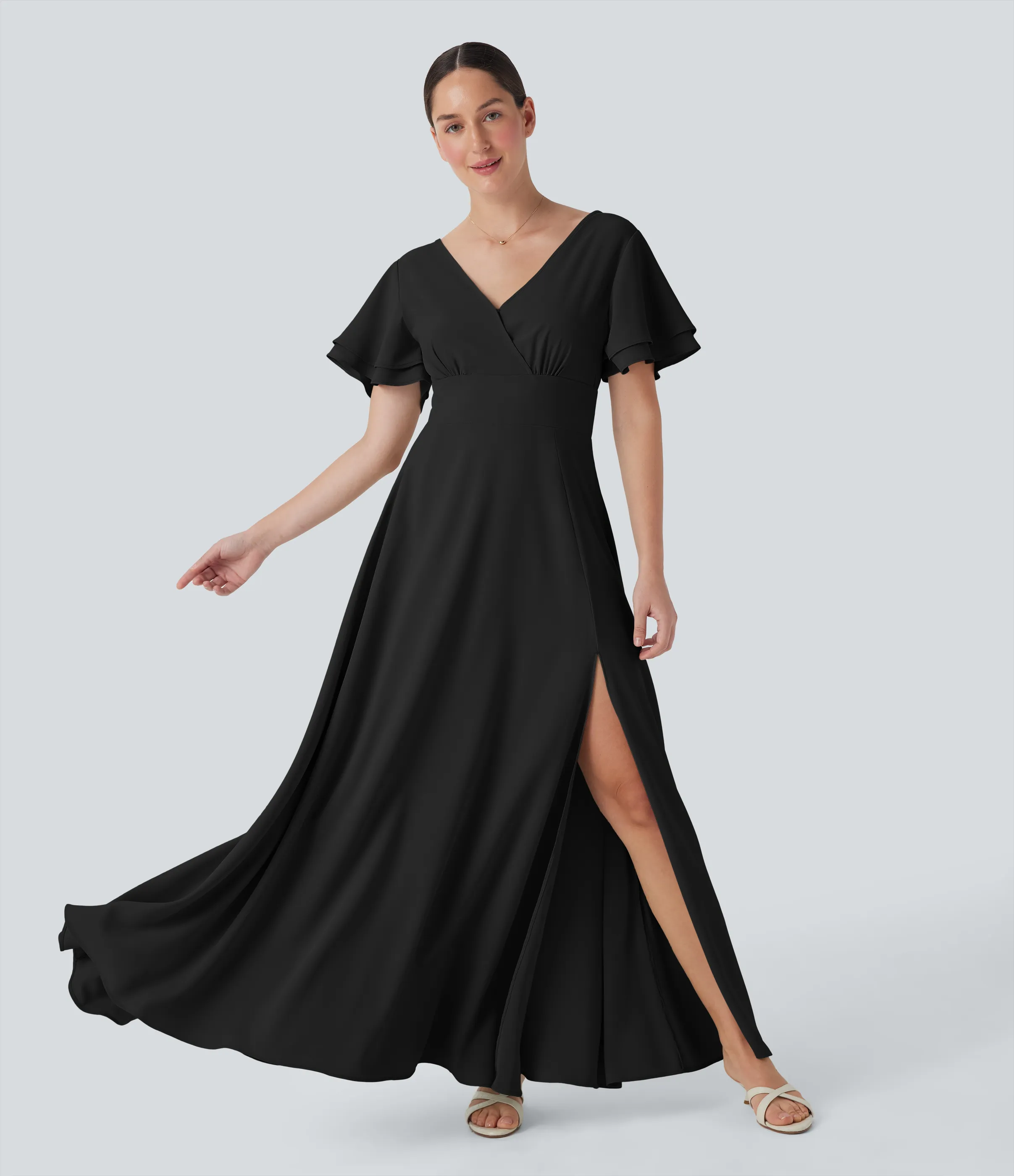 Halara Vestido maxi de dama de honor e invitada de boda con escote en V, manga corta con espalda abierta y abertura lateral - Black - S sold by Halara product image thumbnail 3