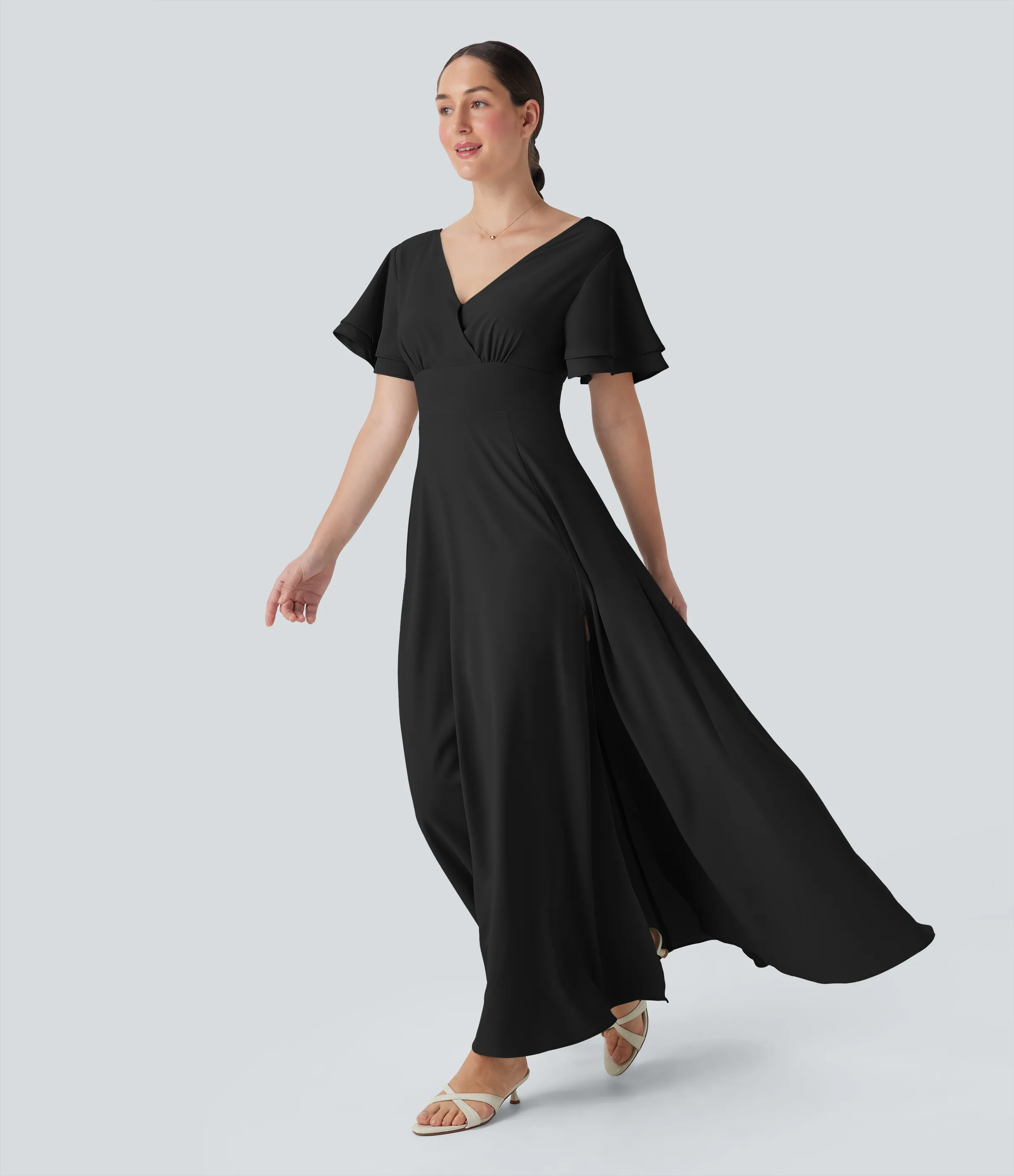 Halara Vestido maxi de dama de honor e invitada de boda con escote en V, manga corta con espalda abierta y abertura lateral - Black - S sold by Halara product image thumbnail 4