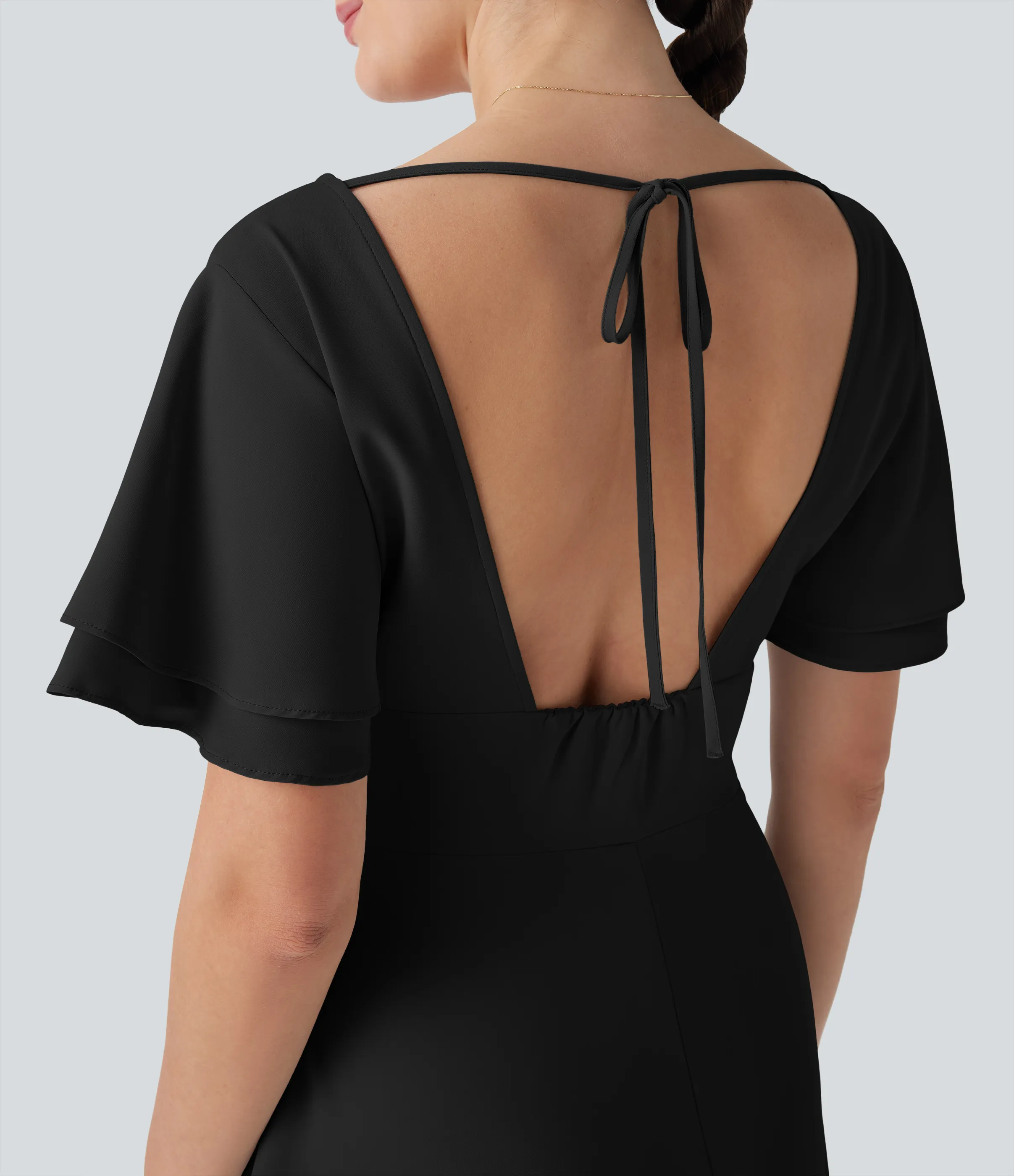 Halara Vestido maxi de dama de honor e invitada de boda con escote en V, manga corta con espalda abierta y abertura lateral - Black - S sold by Halara product image thumbnail 5