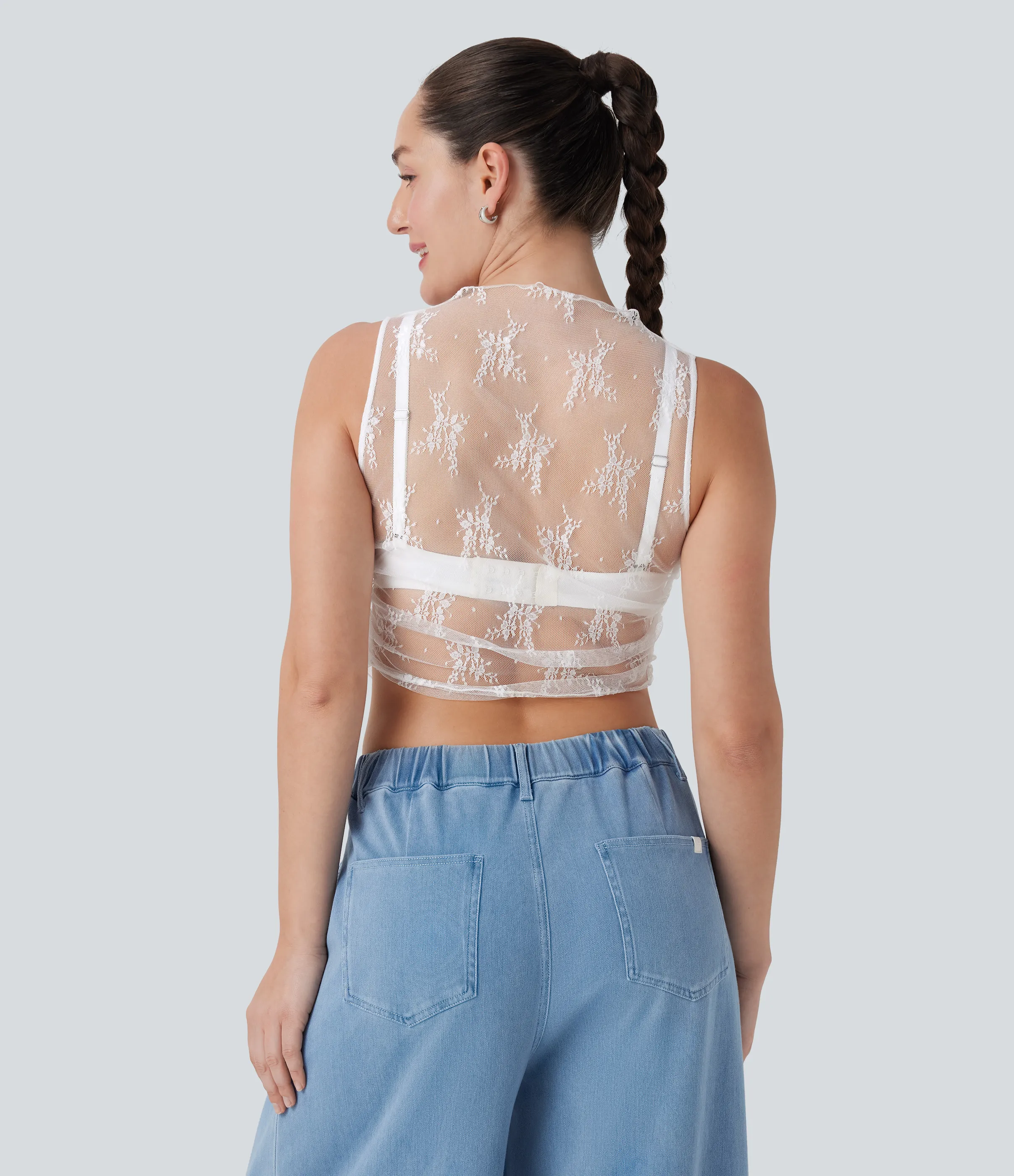 Halara Top casual corto fruncido sin mangas con cuello alto y encaje transparente - White - L sold by Halara product image thumbnail 3