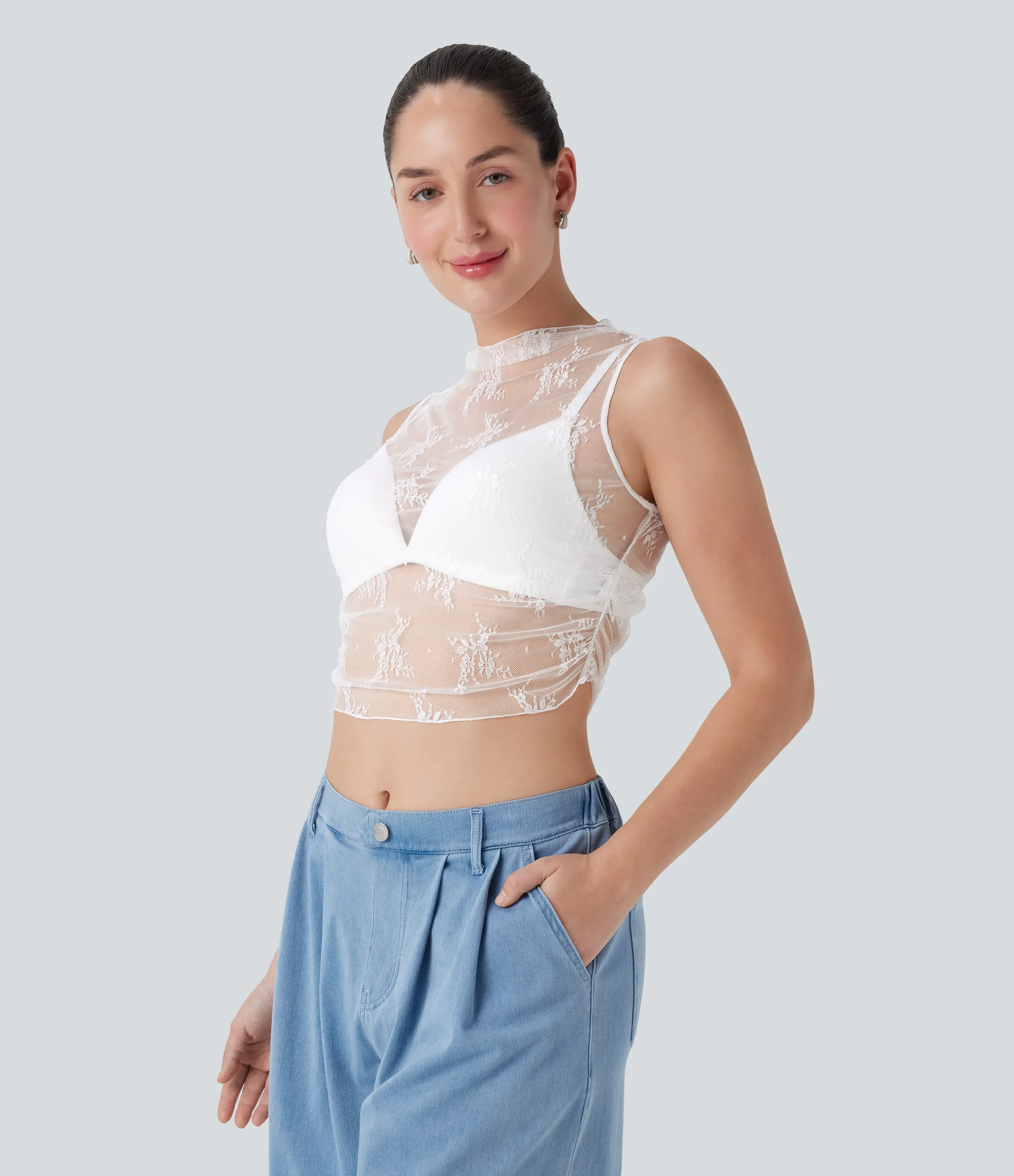 Halara Top casual corto fruncido sin mangas con cuello alto y encaje transparente - White - L sold by Halara product image thumbnail 4