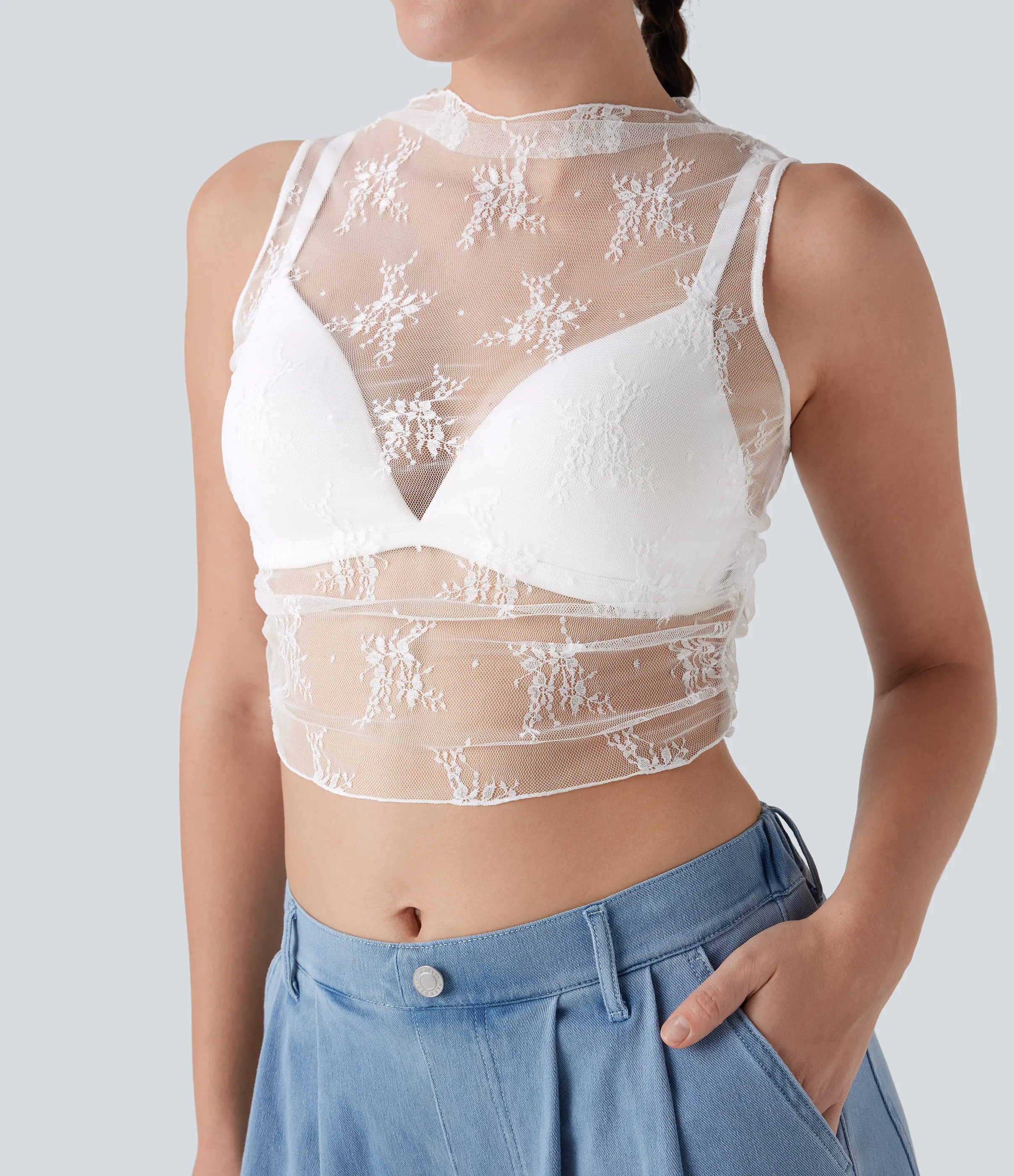 Halara Top casual corto fruncido sin mangas con cuello alto y encaje transparente - White - L sold by Halara product image thumbnail 5