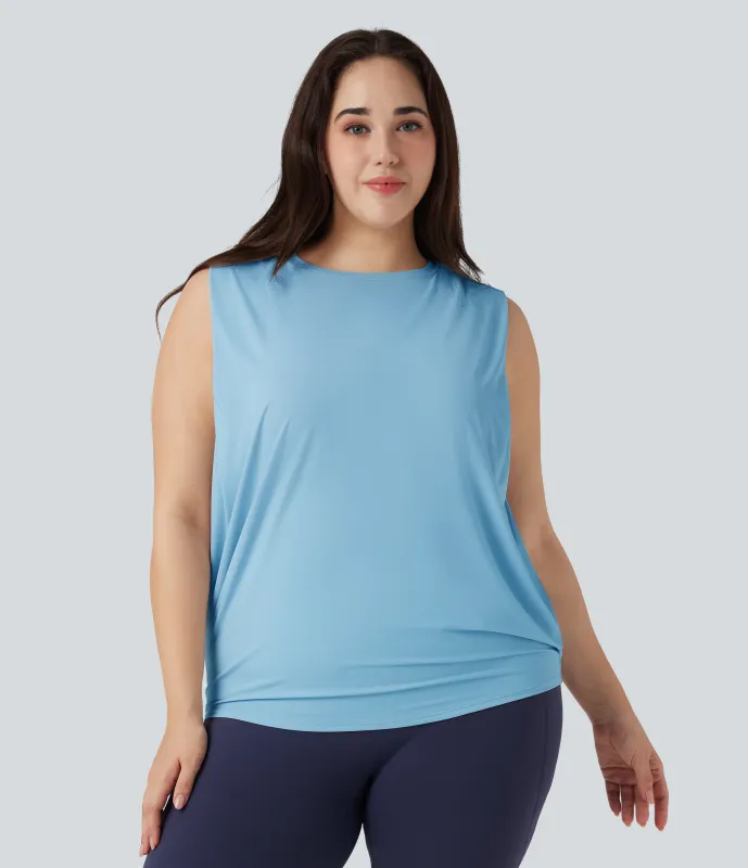 Halara Camiseta de yoga de talla grande con cuello redondo y tacto fresco - UPF 50+ - Sky Blue - 1X sold by Halara