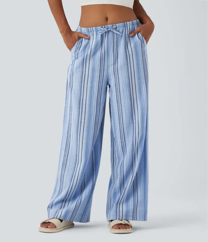 Halara Pantalones casuales de lino con tiro medio, cordón ajustable, pierna ancha y bolsillos - Bohemia Yarn Dye Blue Stripe - S(regular) made by Halara