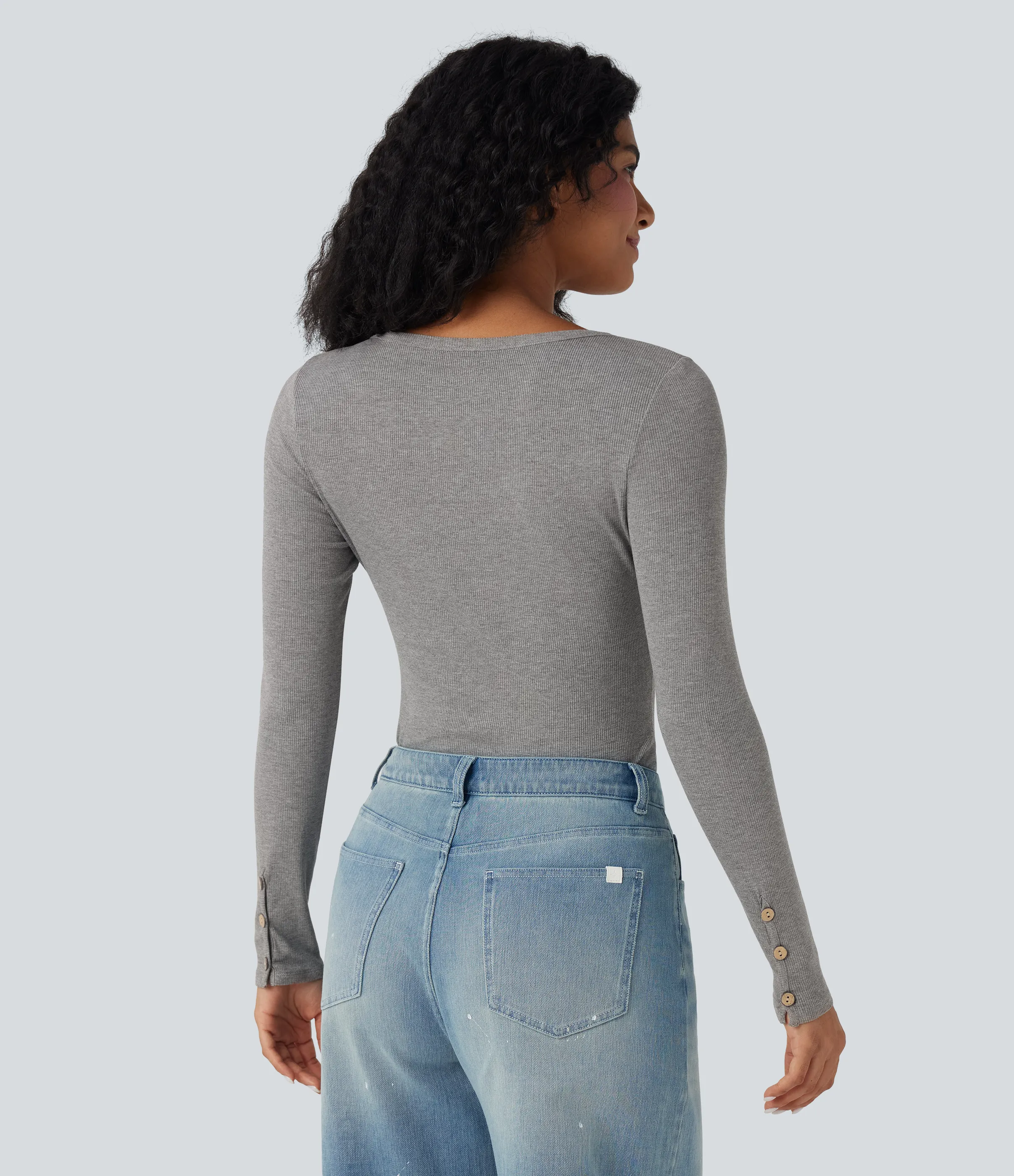 Halara Top casual ajustado de manga larga con cuello henley de punto acanalado - Gray White Mix - XL sold by Halara product image thumbnail 3
