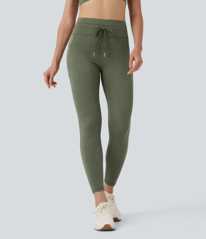 Halara Leggings de yoga de tiro alto con cordón ajustable y bolsillos de 7/8 y tejido jaspeado - Rifle Green Heather - L(7/8) sold by Halara