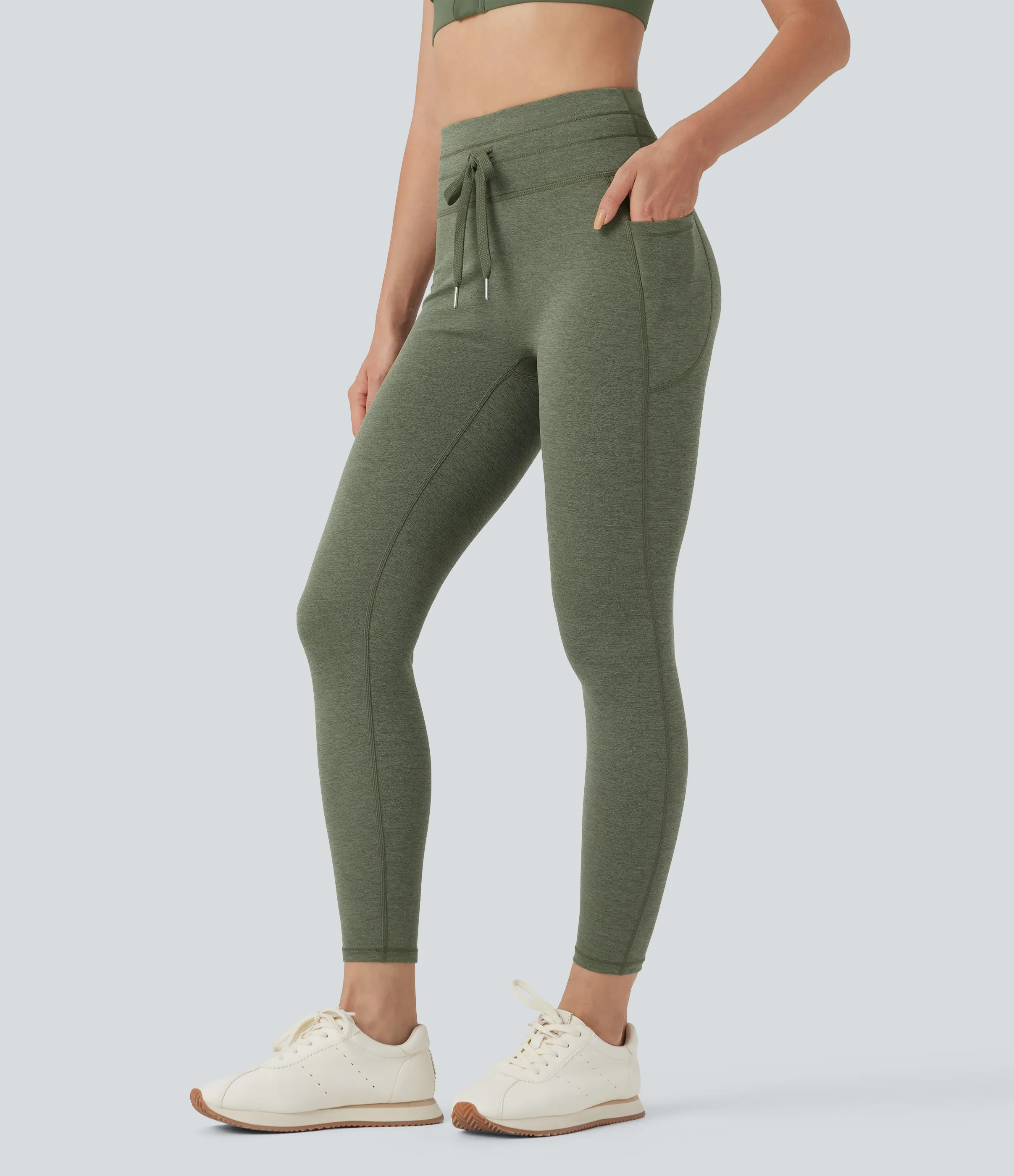 Halara Leggings de yoga de tiro alto con cordón ajustable y bolsillos de 7/8 y tejido jaspeado - Rifle Green Heather - L(7/8) sold by Halara product image thumbnail 4