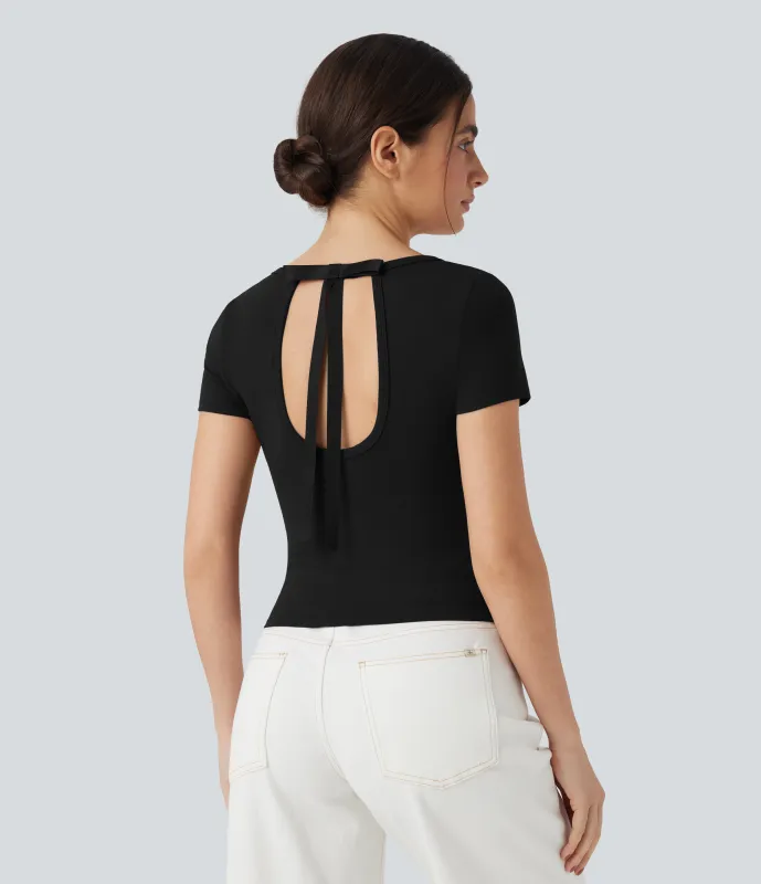 Halara Top casual corto con lazo de manga corta y cuello redondo - Black - M made by Halara