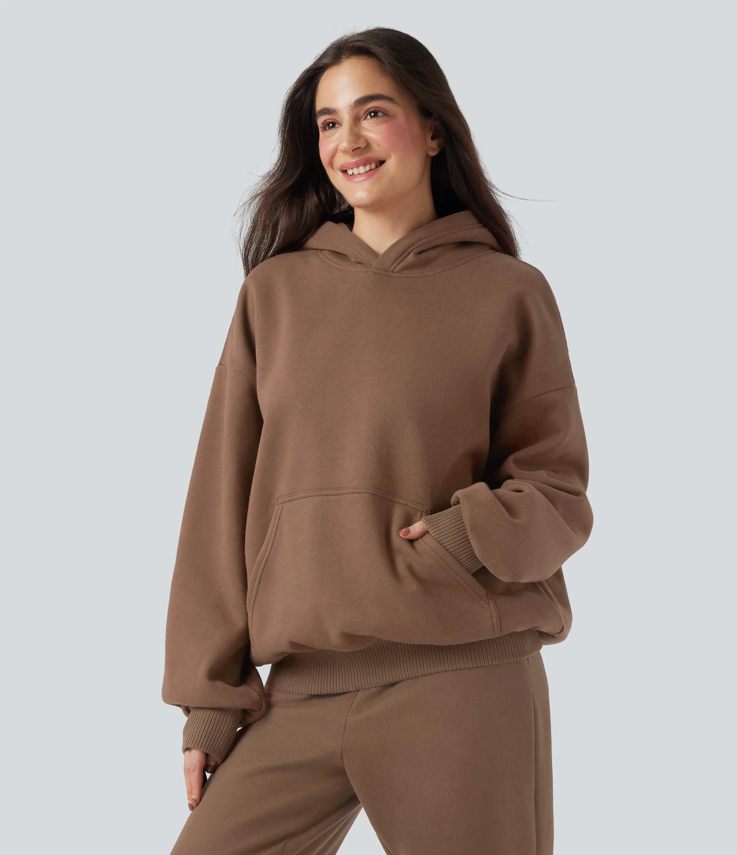 Halara Sudadera casual de algodón polar de manga larga con capucha y bolsillos - Pecan Pie - S sold by Halara product image thumbnail 2