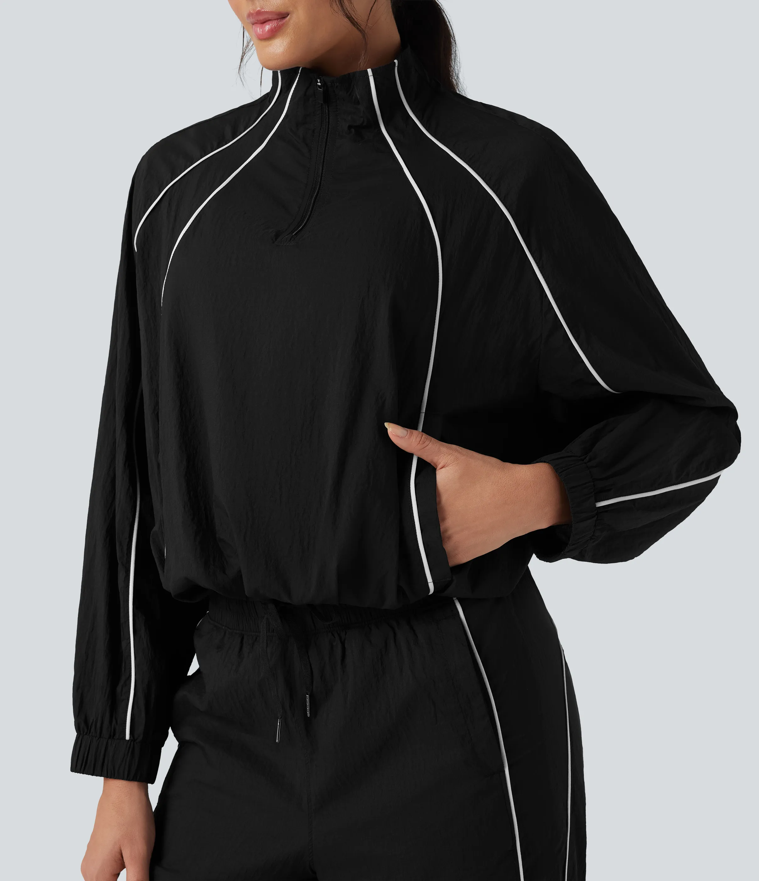 Halara Chaqueta de senderismo oversize ligera y duradera repelente al agua con media cremallera y bloques de color - Black - M sold by Halara product image thumbnail 5