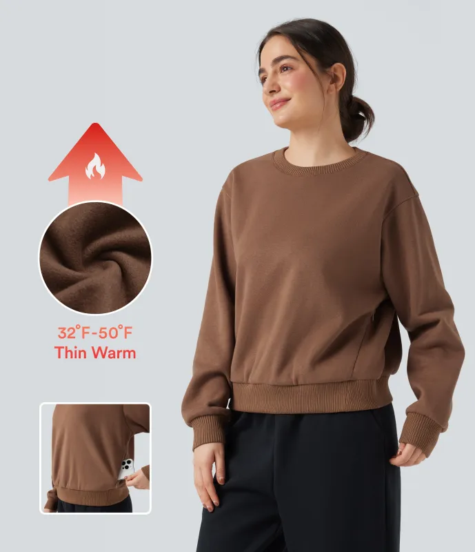 Halara Sudadera casual de algodón de manga larga con polar y cuello redondo con bolsillos - Pecan Pie - XL made by Halara