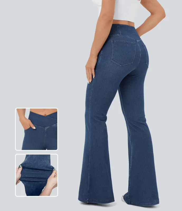 Halara Jeans Halara Flex™ Denim súper acampanado elástico lavado bolsillo cruzado tiro alto - Light Cyan Denim - M(tall) made by Halara
