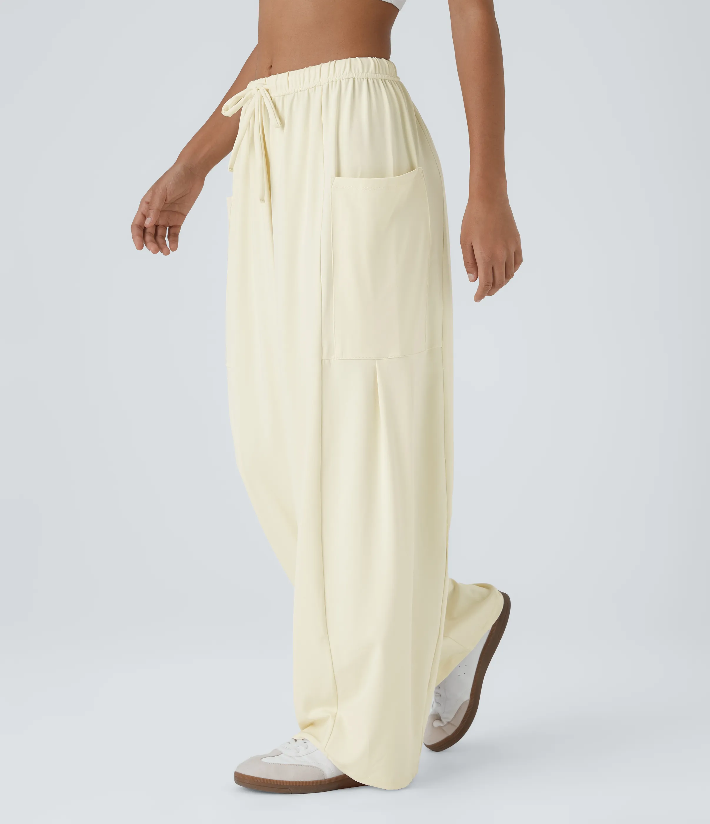 Halara Pantalón pierna ancha fluido palazzo bolsillo lateral cordón ajustable cintura elástica tiro medio - Vague Yellow - XS(regular) sold by Halara product image thumbnail 4