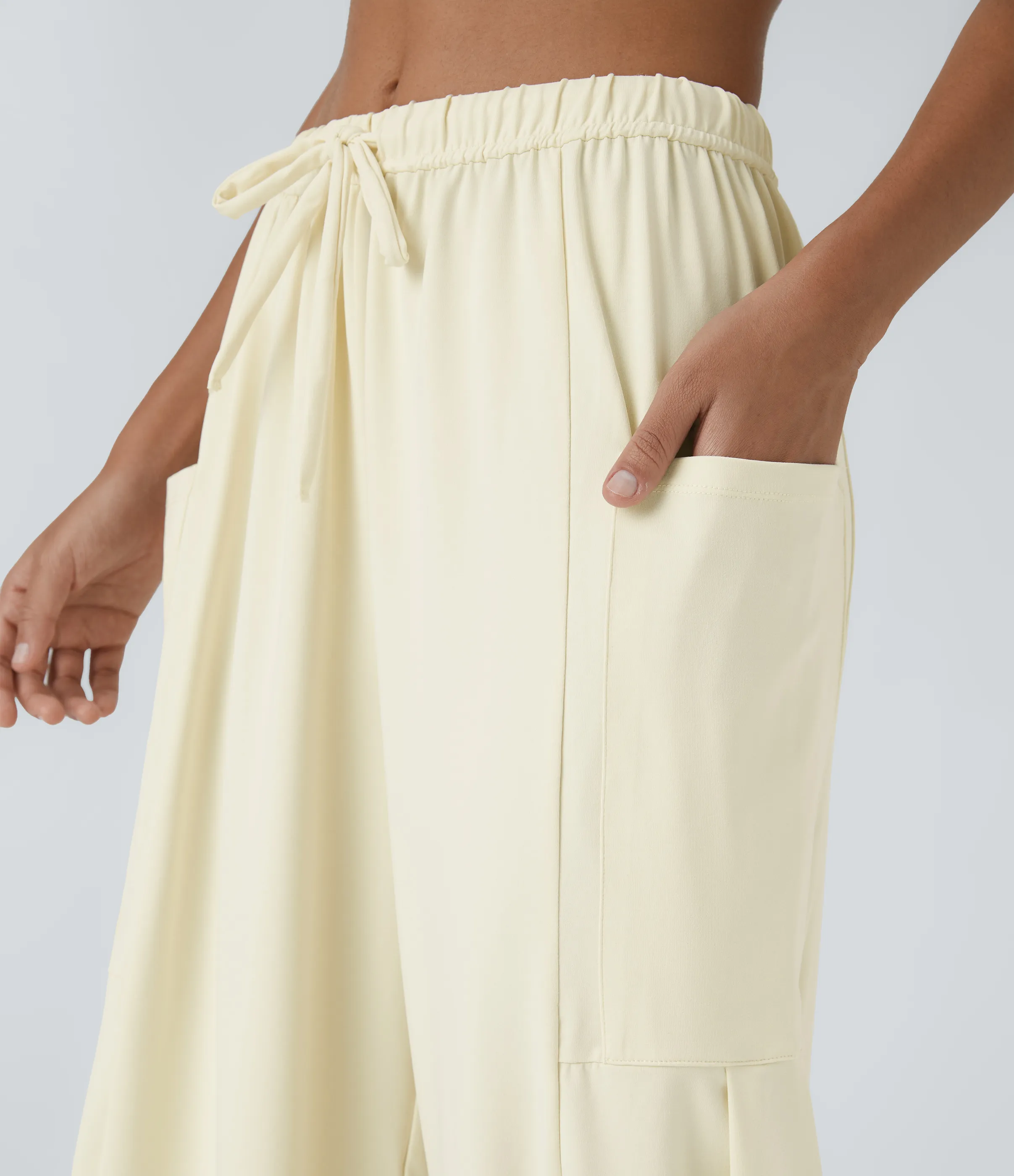 Halara Pantalón pierna ancha fluido palazzo bolsillo lateral cordón ajustable cintura elástica tiro medio - Vague Yellow - XS(regular) sold by Halara product image thumbnail 5