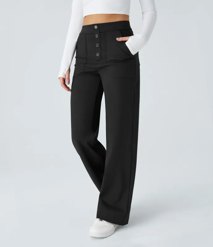 Halara Pantalón recto de tiro alto con botones y bolsillos - Black - XL(regular) made by Halara